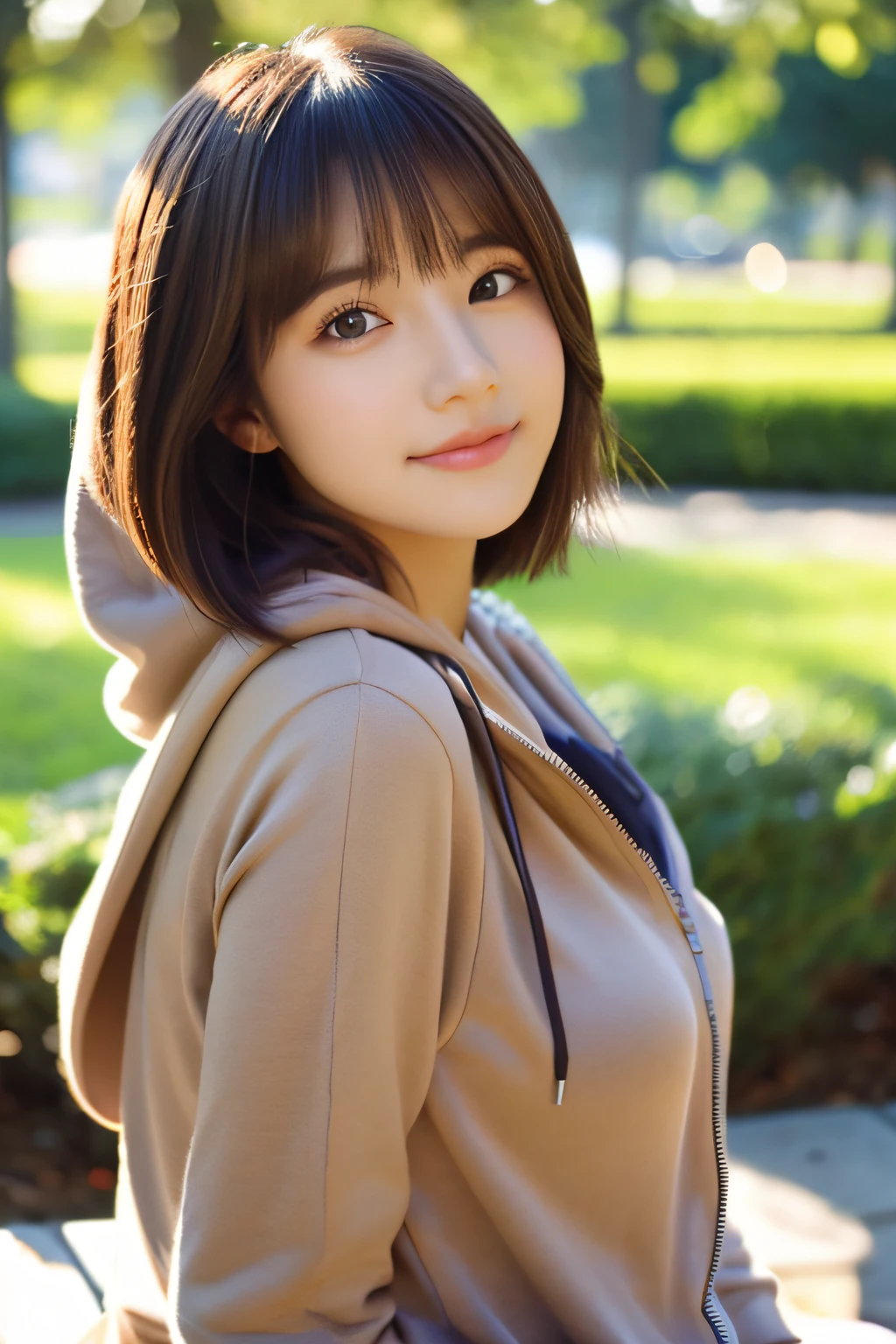 top-quality、ultra-detailliert、masterpiece、realisitic、Photo Real、one girls、( girl、small head)、(kawaii:1.2)、smil、(Brown hair、Short bob hair)、eyes are brown、perfect glossy skin、Double eyelids、with round face、((A slender))、((Perfect body))、accurate depiction、Zippered hoodie、sitting on、large full breasts、Focus on the chest、Bright lighting、a park、Blur the background