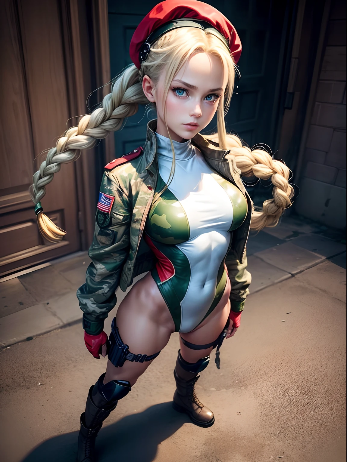 1girl as SF2CW, cammy white with perfect body,Beautiful, tone body:1.2, camouflage jacket,green  leotard, red beret, dark brown long boots, braided hair, blonde,  standing, (Image from head to thigh),