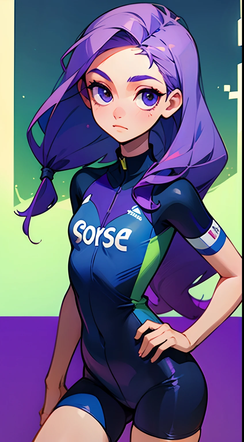 Girl with long purple hair, Slim, beatiful face, little chest, in cycling shorts and a sports top