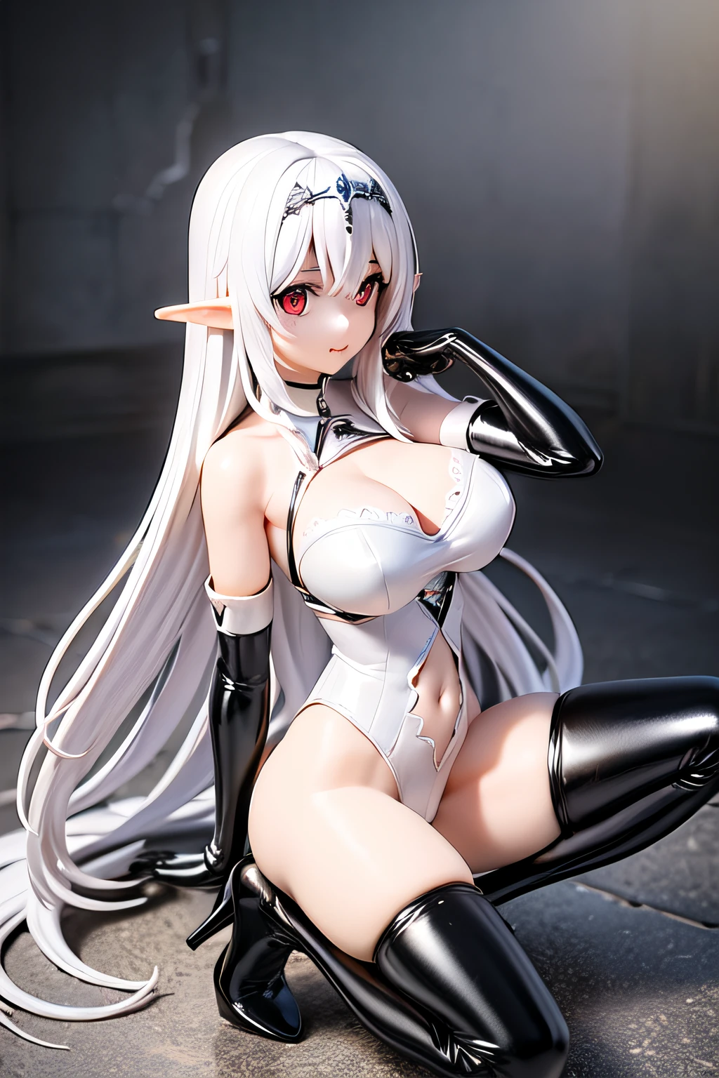 1girl, solo, standing, full body, (masterpiece, best quality:1.2), (HDR, ultra detailed:1.2), (extremely detailed CG:1.2), (8k:1.1), fantasy, epic scenery, detailed background, (depth of field: 1.2), ray tracing, cinematic lighting, intense shadow, volumetric lighting, light reflection, god ray, (shiny:1.2), (photorealistic:0.8), elf, (deep red eyes:1.2), eyelashes, alluring face, very long reflective white hair, gradient hair, oily skin, collarbone, bellybutton, cameltoe, large_breasts, huge_breasts, covered_, wide_hips, (shoulder_armor:1.1), elven_crown, collar, (latex, enamel:1.4), (see-through, pantyhose:1.2 ), bikini, highleg_leotard, elbow_gloves, (high heel thigh high boots:1.2),