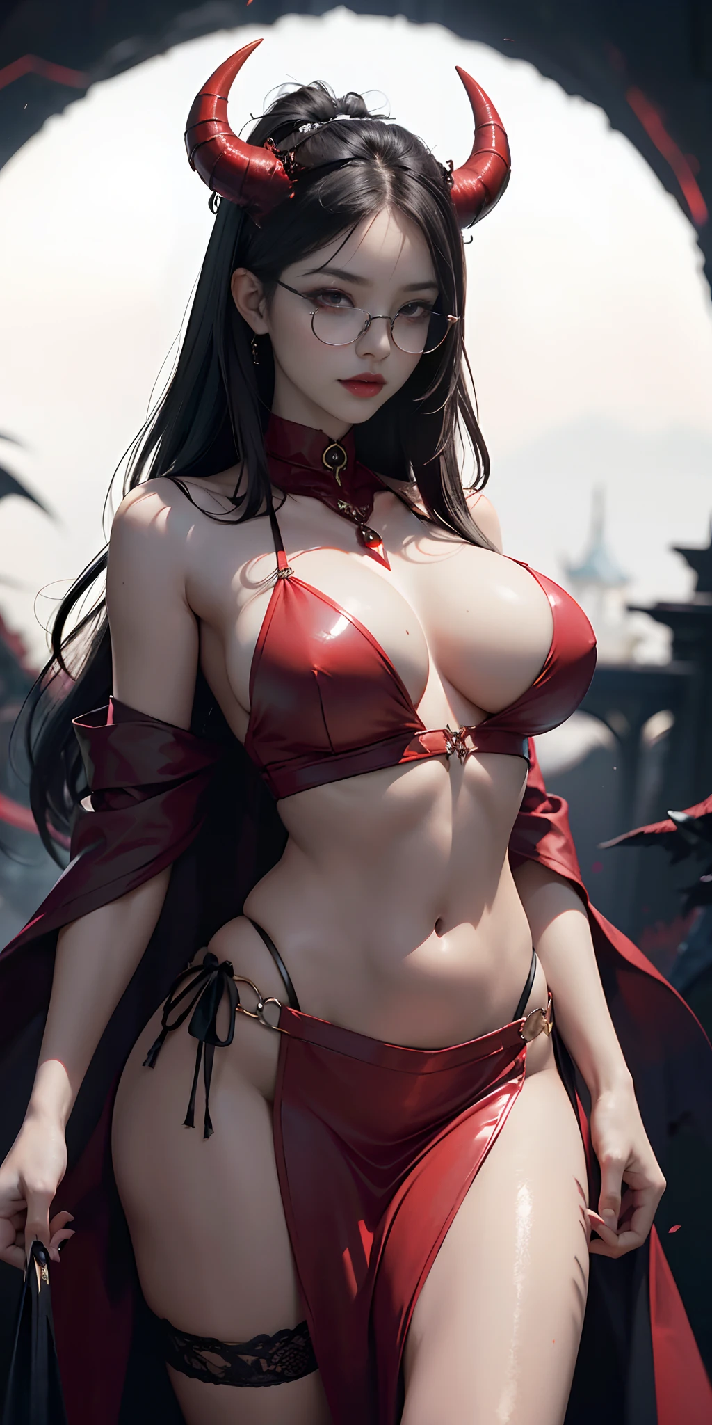 Fine、(The best illustrations)、8k UHD resolution、intricate-detail、top-quality、realisitic、ultra-detailliert、The best lighting、Best Shadows、Soft lighting、Ulutra HD、Dungeon and Dragon、Devil's Palace、Devil's Torture Chamber、magia、 A Necromancer、natta、Dark style、Succubus、Devil's Daughter、Bat Wings,(((Demon Horns)))、((((black-rimmed round glasses))))、(((Colossal tits)))、(Devil's Tail)、(red eyes glowing:1.6)、masterpiece、beautiful countenance、Tindall Effect、photos realistic、(High Detail Skins:1.2)、 (Intricate details, makeup, pureerosface_v1:0.5), (Detailed beautiful delicate face, Detailed beautiful delicate eyes, A perfectly proportioned face, High detailed skin, Detailed skin, best ratio four finger and one thumb, arms below breasts, medium large breasts, wide hips, smooth midriff, skiny and thin, __Fashion__, __hair__:1.25)、Digital SLR、hightquality、a picture、hight resolution、 absurderes、Ponytail distortion、1人、Red sparkling gemstone necklace、jewely、Beautiful expression、Body Up、Large breasts emphasis、Toned waist、Wide buttocks、Tindall Effect、Photorealsitic、(High Detail Skins:1.2)、In the Dark, lowkey, cowboy lens, (red phoenix dress: 1.0), Long hair, Black hair, Bust, Devil's Palace, devil crown, red eyes make up very sharp and detailed, The most beautiful face, Super tight breasts, Breast augmentation surgery, The breasts are very big and round and round, Black magic costume、Super realistic , Charming smile, The eyes are very well made up, ((Red Eye:1.0)), guweiz, devil style, wearing black mesh socks, Ponytail with a bow tied at the back of the hair, plump beautiful red lips, wearing a thin red and black robe, Hands pull the straps to expose sexy breasts, the landscape is overcast and thunderous, Beautiful female demon portrait, Protagonist Close-up, (Detailed spooky backgrounds:0.8), nffsw, nffsw, The 8k quality, detailed pixel, Meet beautiful girls, Look at the girl's body,