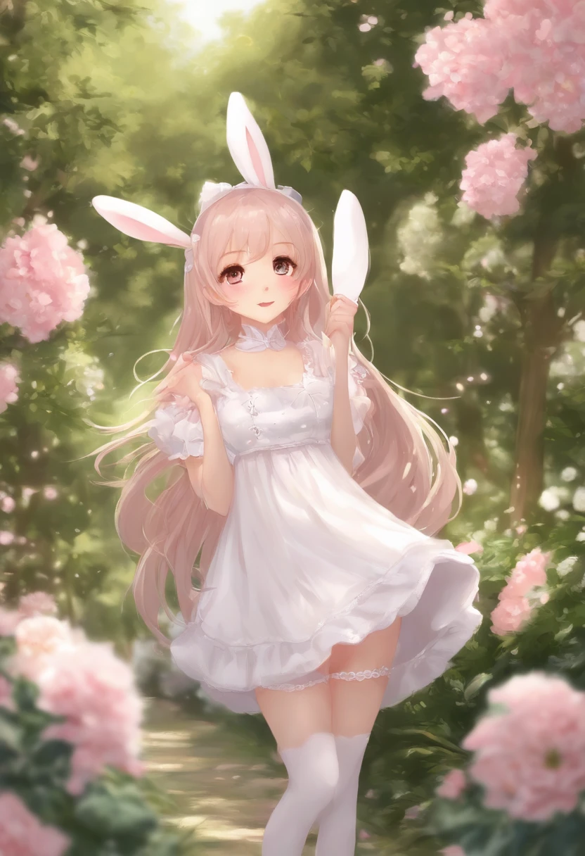 Bunny ear girl in white dress standing in garden, cabelos brancos、Cabelos Prateados、Mangas,(((Pendure a roupa para secar)))、(((Avental Rosa)))、Segurando um cesto de roupa,Loli no vestido, small curvy loli, Arte no estilo de Guweiz, Guweiz em Pixiv ArtStation, Guweiz em ArtStation Pixiv, Guweiz, menina pequena loli, Soft anime illustration, Visuais de anime de garotas fofas, arte de anime digital detalhada