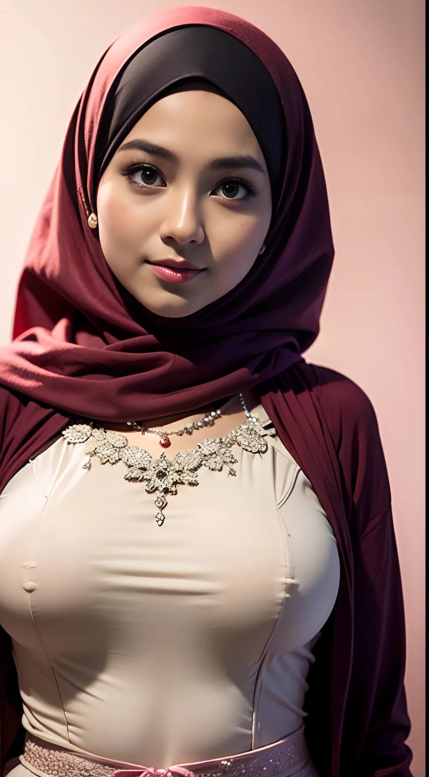1 malay girl , modern plain hijab, shy, medium portrait shot , watery eyes , pink glowing particles, wear kebaya red long neck, big breast, pink light bokeh background, proportional body,