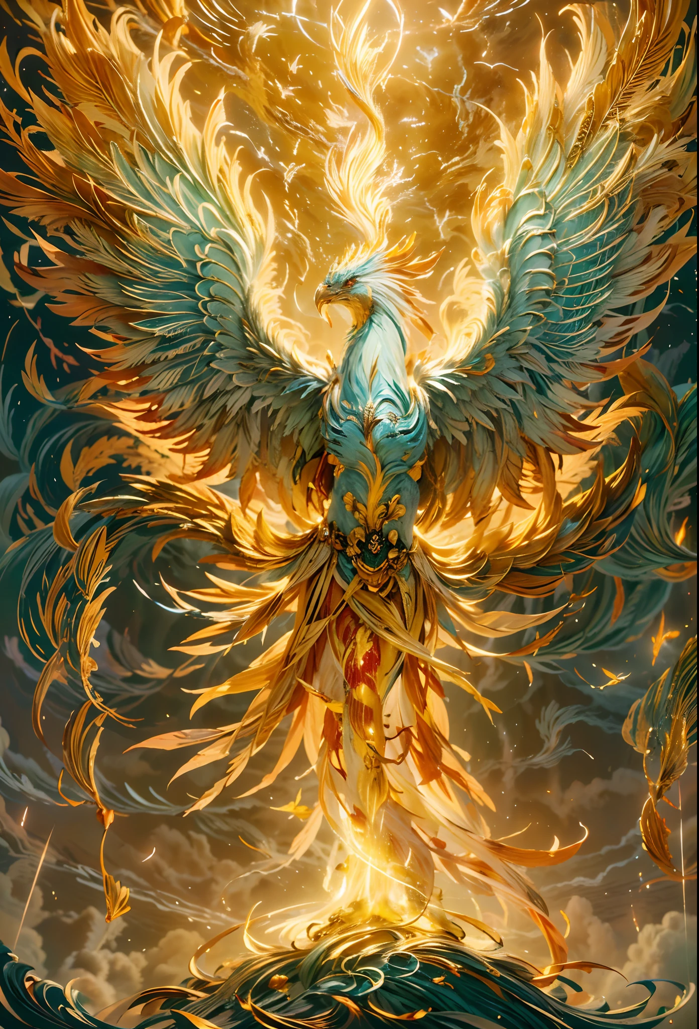 burning feathers，Phoenix reborn，Elegant and majestic，fantasy，Chinese mythology，Cloud fog，火焰，majestic creature，Three feathered phoenix tails，moutains，the watercolor style，Transform into a fairy