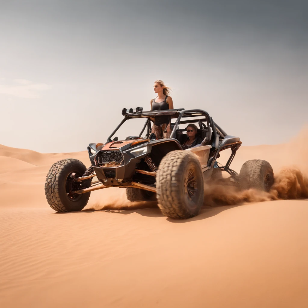 Crazy Max style photo of young woman, Blonde braids, mecha armor, Drive a dune buggy, Desert beach, dust cloud, Abstract beauty, near-perfect, Pure form, intricately details, mushroom cloud, Winner of the Cinematography of the Year, the world on fire, Military photography of post-apocalyptic hellish landscapes, Photography epic of the year, Flames on the horizon, epic cinematic shot, Pure form, intricately details, 8K post-production, high resolution, Super detail, trending on artstationh, Sharp focus, Studio photos, intricately details, Very detailed, by Greg Rutkowski, 8