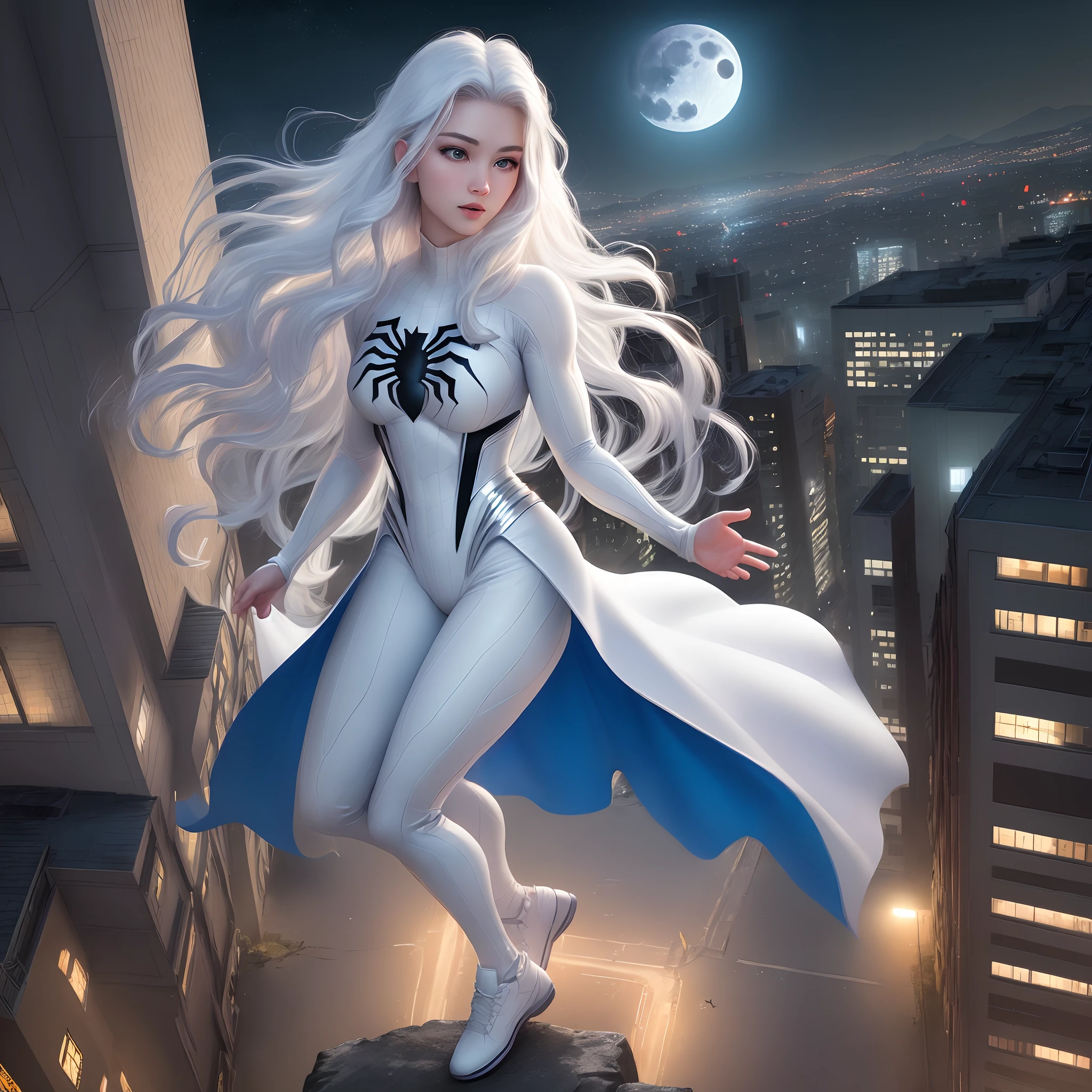 (Masterpiece, 4K 分辨率, Ultra-realistic, Highly detailed), (White costume superhero theme, Charismatic, Girl at the top of the city, Wearing a white Spider-Man costume, superheroine), [((23 years old), (Long white hair:1.2), Full-body, (Blue eyes:1.2), (Spider-Man dynamic pose) ((Resilient urban environment):0.8)| (view over city, during night, dynamic lights), (full moon))]