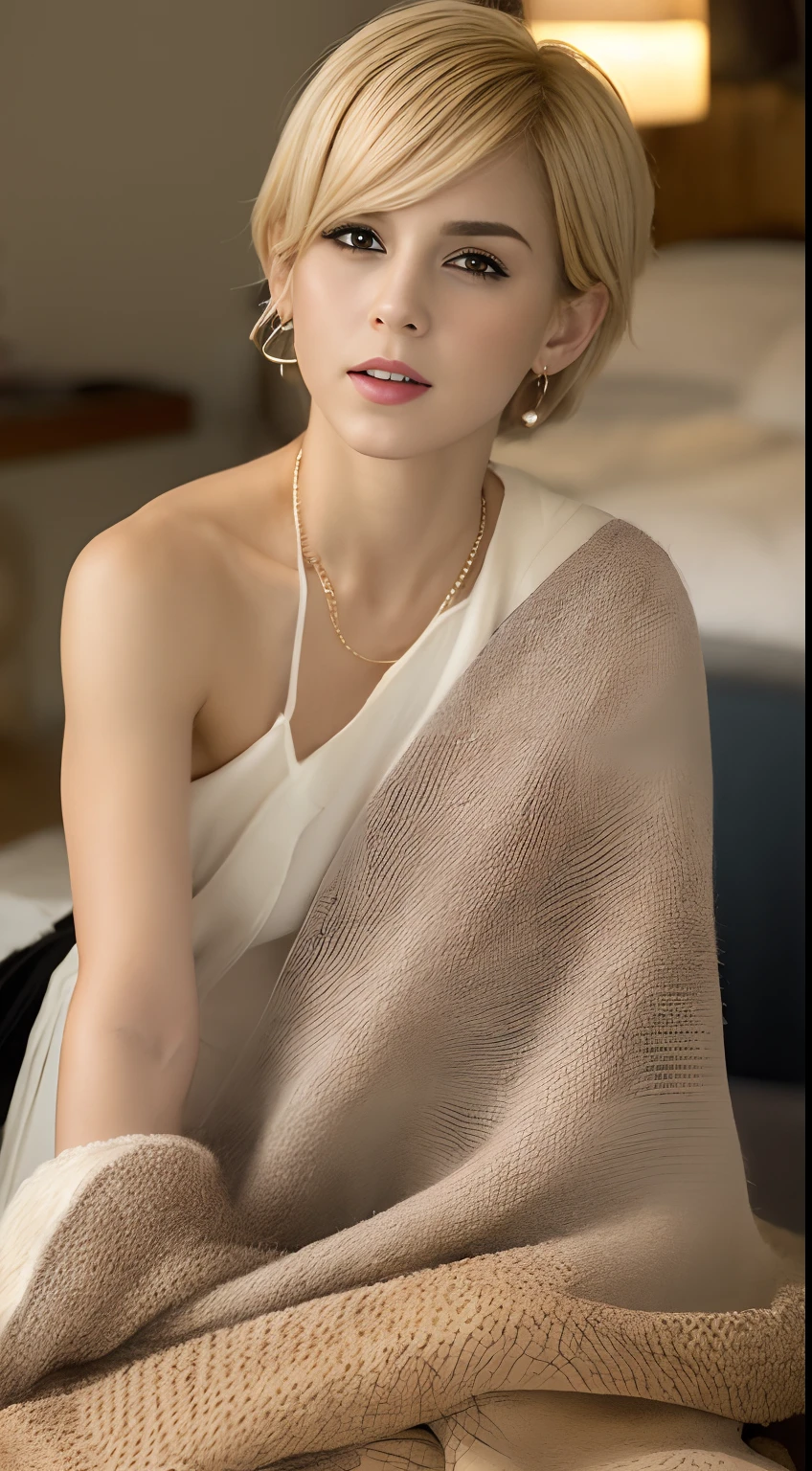 ((Best Quality, 8K, masutepiece :1.3)), Sharp Focus :1.2, Female sexy. 25-years old. ((Sexy Barbie))Angled blonde bob. jewely. earrings. Necklace ((Wrapped in a blanket. Bare shoulder))Sitting woman passionate about sex. ° A seductive figure on the bed, Charming, Voluptuous, skinny, slim.skinny, Little chess, perfect chest(Detailed texture)、Emma Watson-like face