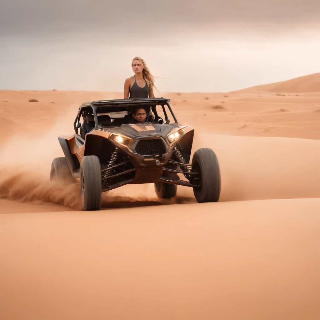 Crazy Max style photo of young woman, Blonde braids, mecha armor, Drive a dune buggy, Desert beach, dust cloud, Abstract beauty, near-perfect, Pure form, intricately details, mushroom cloud, Winner of the Cinematography of the Year, the world on fire, Military photography of post-apocalyptic hellish landscapes, Photography epic of the year, Flames on the horizon, epic cinematic shot, Pure form, intricately details, 8K post-production, high resolution, Super detail, trending on artstationh, Sharp focus, Studio photos, intricately details, Very detailed, by Greg Rutkowski, 8