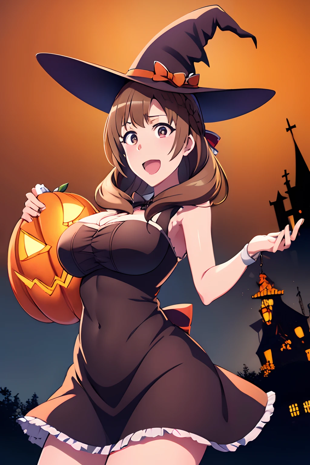 nsfw, best quality, high resolution, 1girl, iida nana, railwars!, (huge breasts:1.2), witch, witch hat, cape,  doll, halloween, night, crescent moon, Jack-o'-Lantern, smile, Bright_Front_face_Lighting, pumpkin