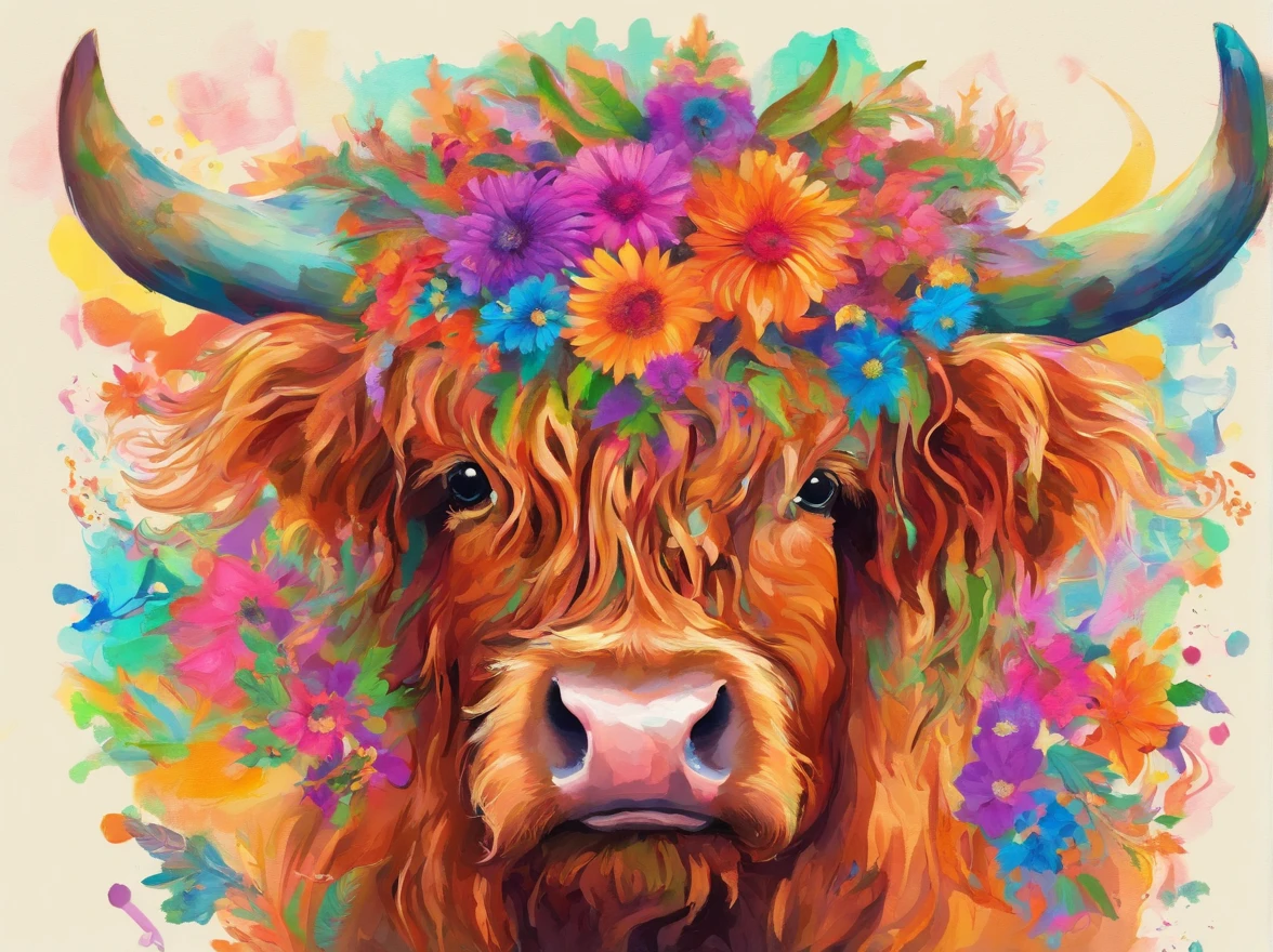 Highland cattle，On his head he wears daisy flowers and plants，up front view，Highland bullhead，bust，water color art，plethora of colors