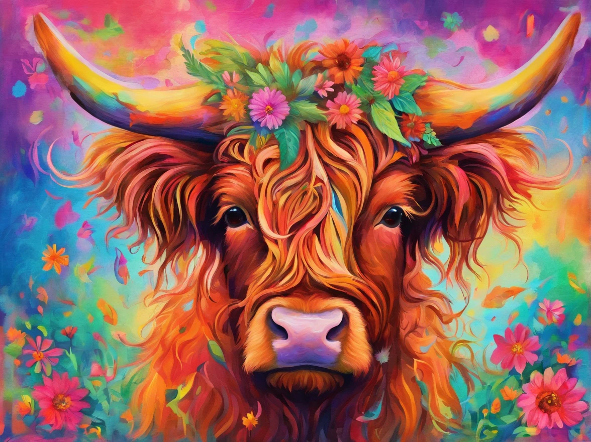 Highland cattle，On his head he wears daisy flowers and plants，up front view，Highland bullhead，bust，water color art，plethora of colors