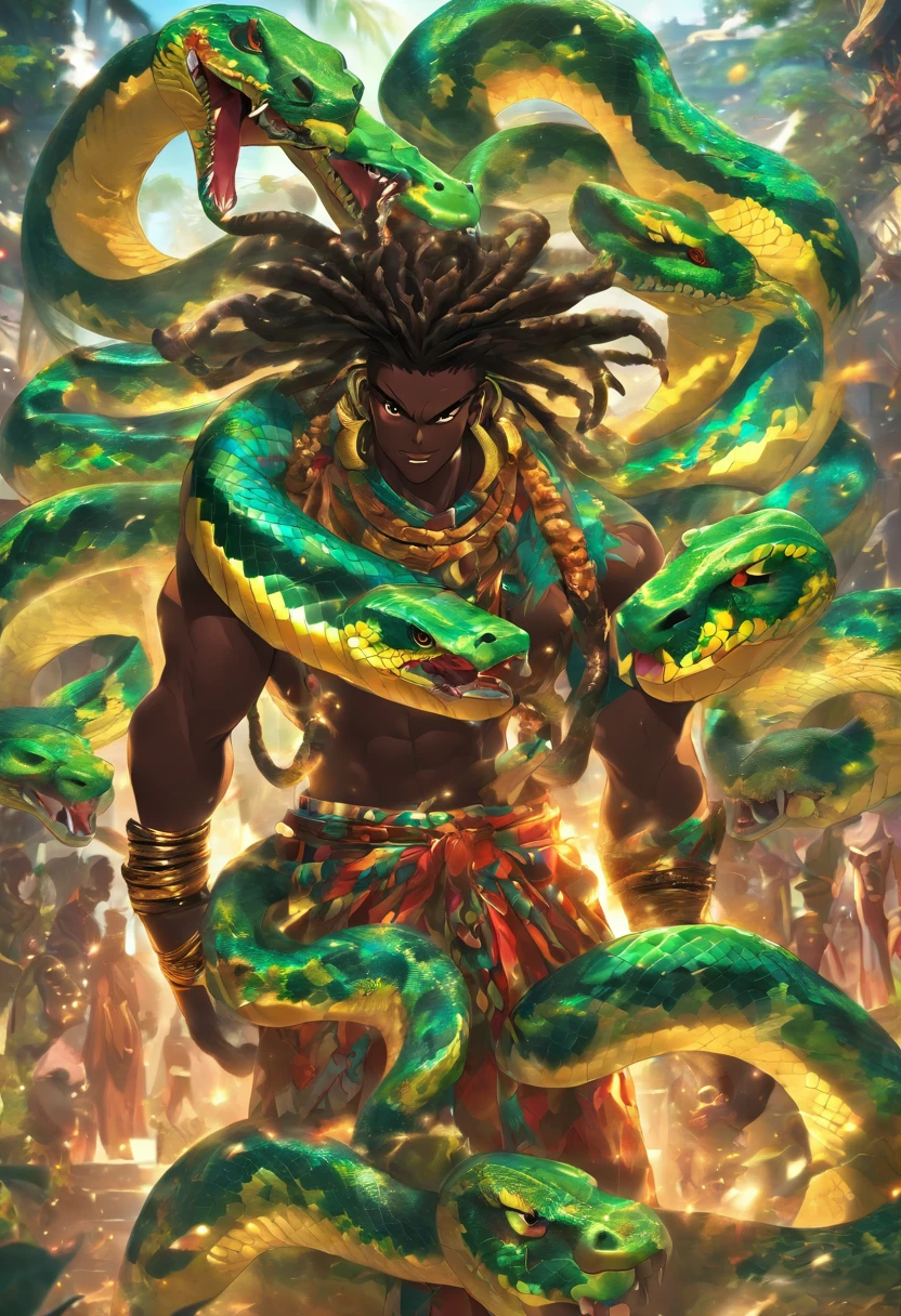 (((DAMBALLAH))) best quality, ultra-high resolution, 4K detailed CG, masterpiece, Damballah, serpent tail, African clothing, voodoo mythology, ((Snake Man)), African image, aesthetic, centered on screen, full body