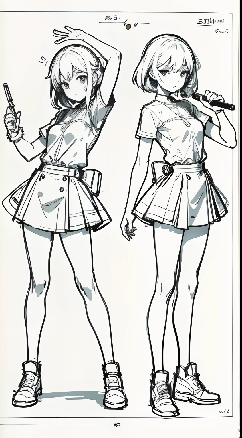 arte oficial, Sketch line diagram, girl standing in a dynamic pose, holding a micriphone, singing
