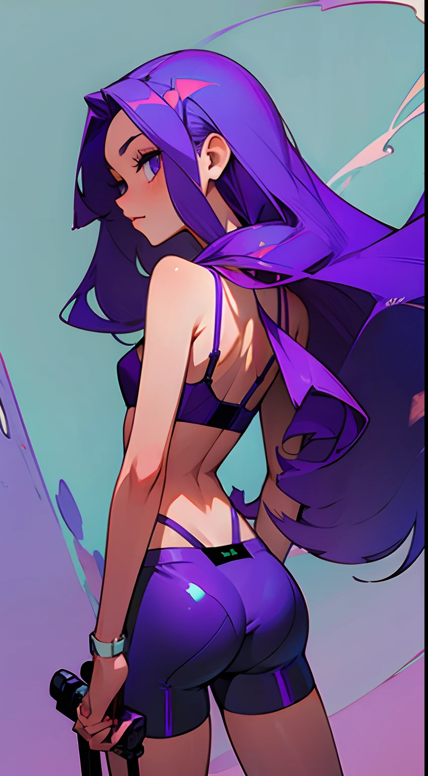 Girl with long purple hair, Slim, beatiful face, little chest, Depraved, Sexy, in cycling shorts and bra, seen from behind