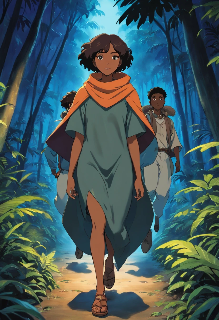 Portrait of three African men runnung from big black Crows, as a beautiful female model, in 1920's jungle at night. wearing a leather nap sack, paths legs raised