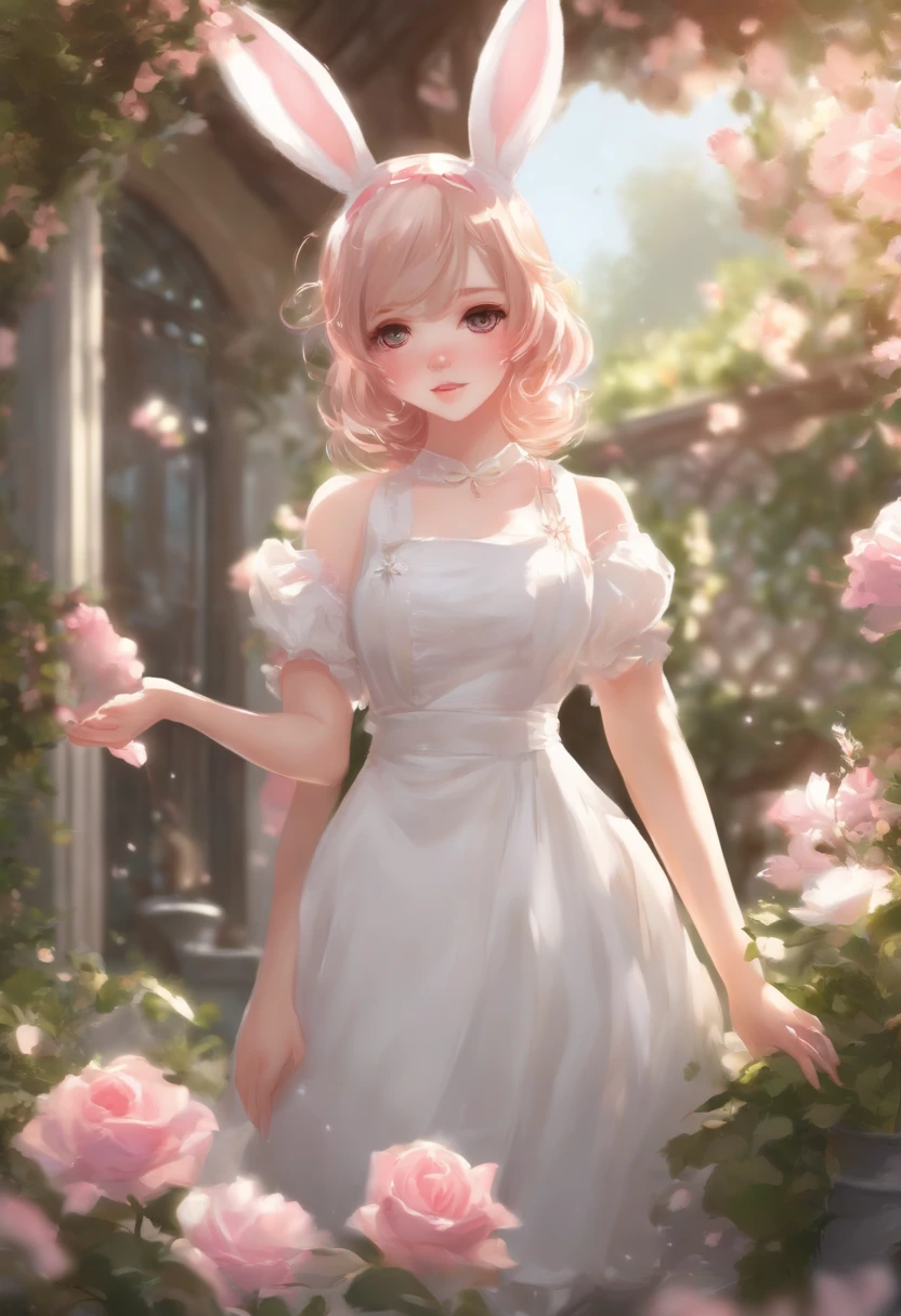 Bunny ear girl in white dress standing in garden, cabelos brancos、Cabelos Prateados、Mangas，(((Pendure a roupa para secar)))、(((Avental Rosa)))、Segurando um cesto de roupa，Loli no vestido, small curvy loli, Arte no estilo de Guweiz, Guweiz em Pixiv ArtStation, Guweiz em ArtStation Pixiv, Guweiz, menina pequena loli, Soft anime illustration, Visuais de anime de garotas fofas, arte de anime digital detalhada