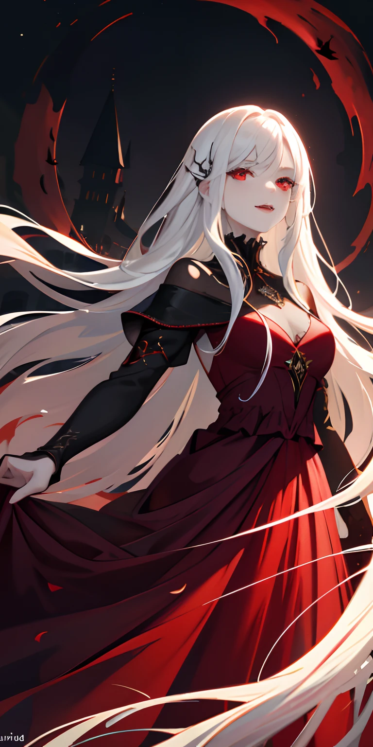 (best quality, highres, HDR), medium:oil painting, dark and mysterious, pale skin, flowing red dress, ethereal, haunting, gothic style, long flowing white hair, sharp fangs, hauntingly beautiful eyes, moonlight shining on her, captivating presence, enchanting allure, supernatural elegance, vampire queen, smile, red eyes,full moon, powerful pose,