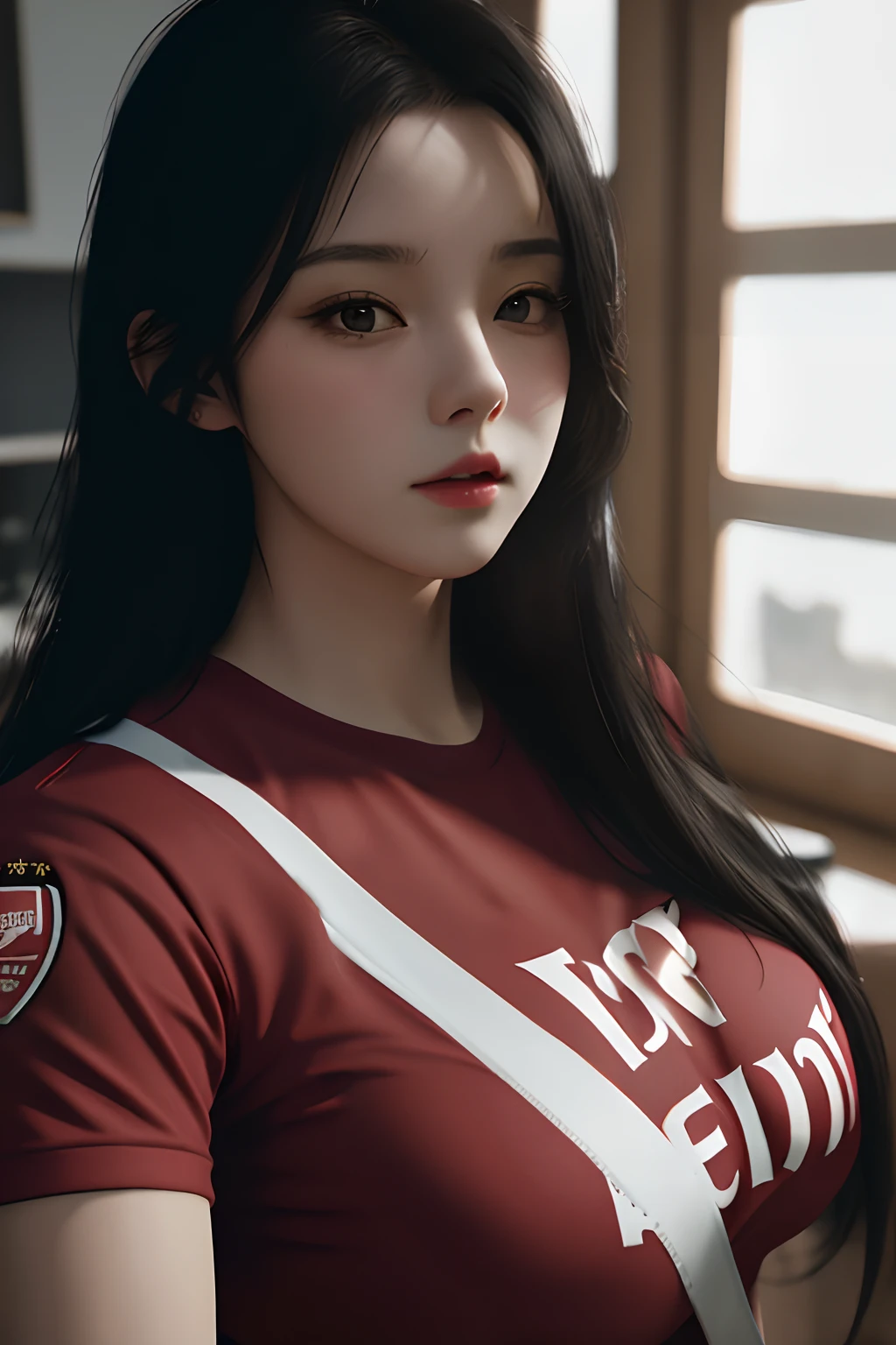 1 17-year- women, super big breasts, (W cup), wearing Red Arsenal t-shirt's clothes, long black hair, doing sexual pose, soft lighting, building fuse, unreal engine, 8k, artistic, art, detailed clothing, 16:9,