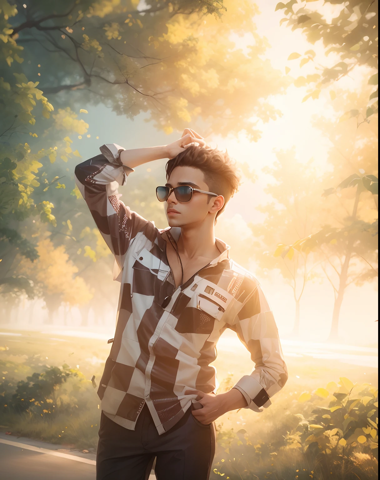 Boy with a beautiful girl futuristic background realistic face