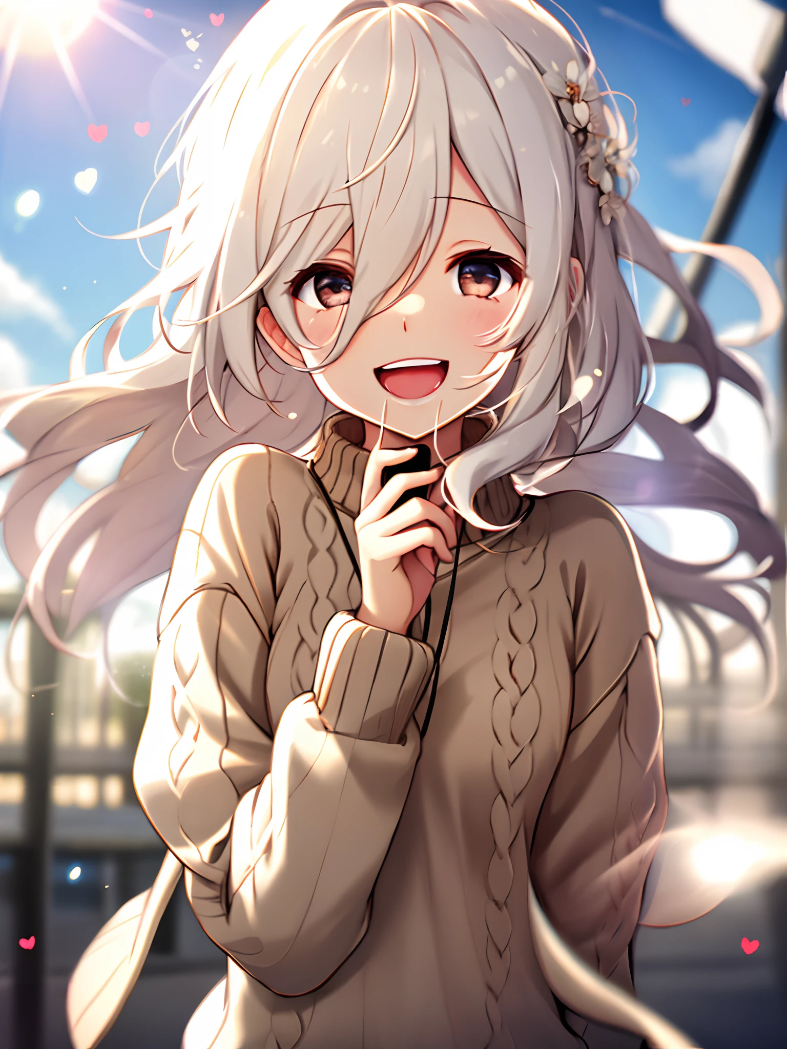 youthful, Comfortable sweater on, upper body, (Laugh a lot.:1.1), (opened mouth:1.1), (Eyes wide open.:1.2), Glare from the sun, bokeh, deep depth of field, Blurry Background, light particle, high wind, (Heart particles:1.1) whitehair,