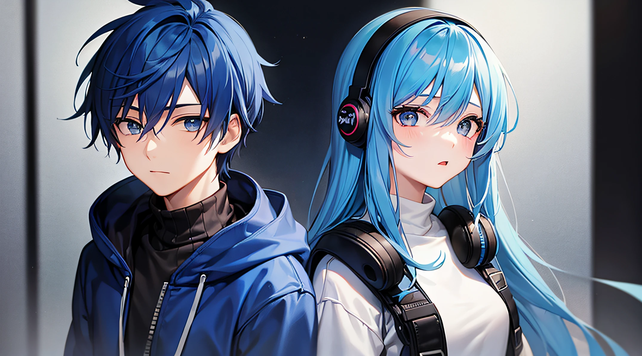 1boy, 1girl, blue hair, long hair, turtleneck, upper body, blue hoodie, headphones