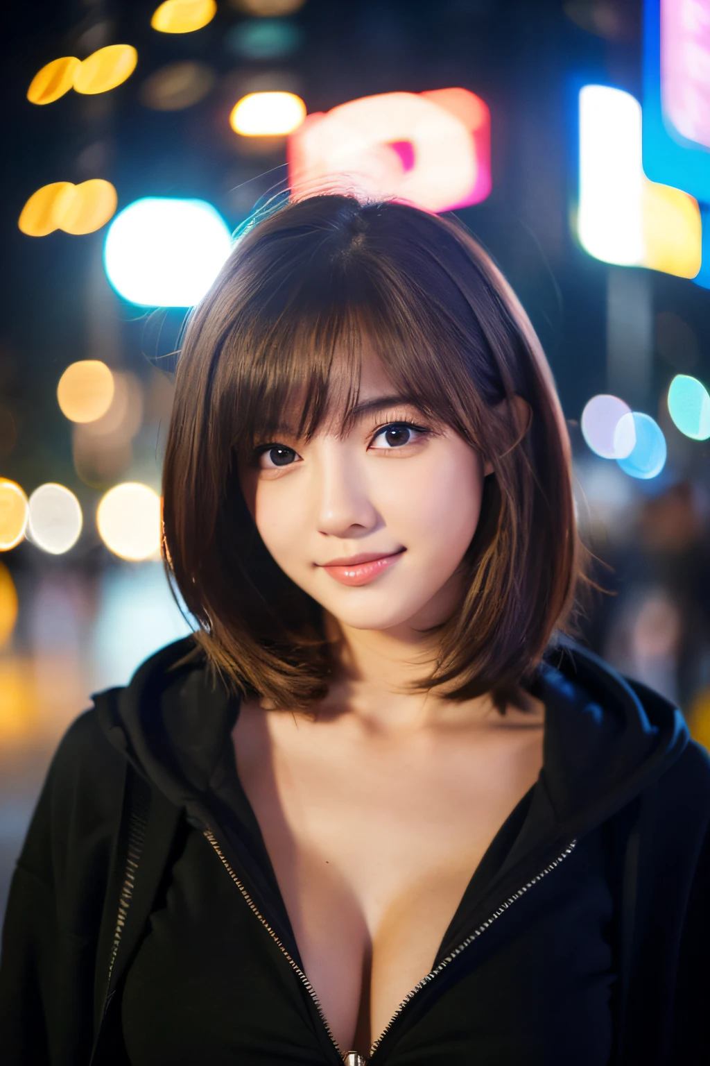 top-quality、ultra-detailliert、masterpiece、realisitic、Photo Real、one girls、( girl、small head)、(kawaii:1.2)、smil、(Brown hair、Short bob hair)、eyes are brown、perfect glossy skin、Double eyelids、with round face、((A slender))、((Perfect body))、accurate depiction、Zippered hoodie、large full breasts、Focus on the chest、Night city、Blur the background