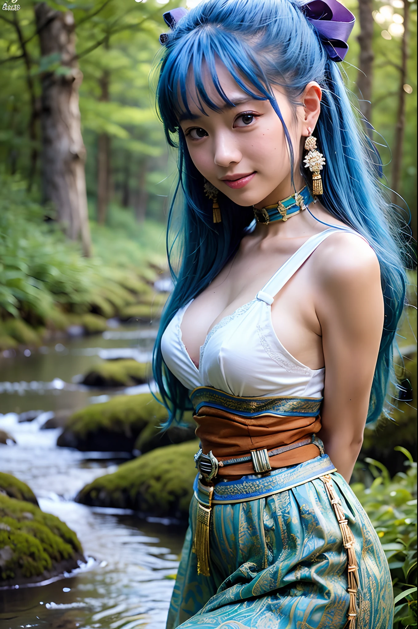 (masutepiece:1.3),(Best Quality:1.3),{{High resolution}} ,{{an extremely beautiful and delicate}}, blue hair bow, Bracelet, Choker, earrings, long-one-piece dress, sash, Looking at Viewer, Large breasts, Smile, From Side, forest, Trees, Alpine Forest, On the shores of the lake