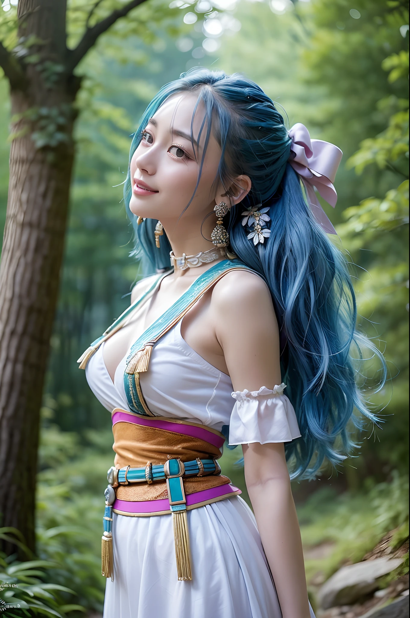 (masutepiece:1.3),(Best Quality:1.3),{{High resolution}} ,{{an extremely beautiful and delicate}}, blue hair bow, Bracelet, Choker, earrings, long-one-piece dress, sash, Looking at Viewer, Large breasts, Smile, From Side, forest, Trees, Alpine Forest, On the shores of the lake