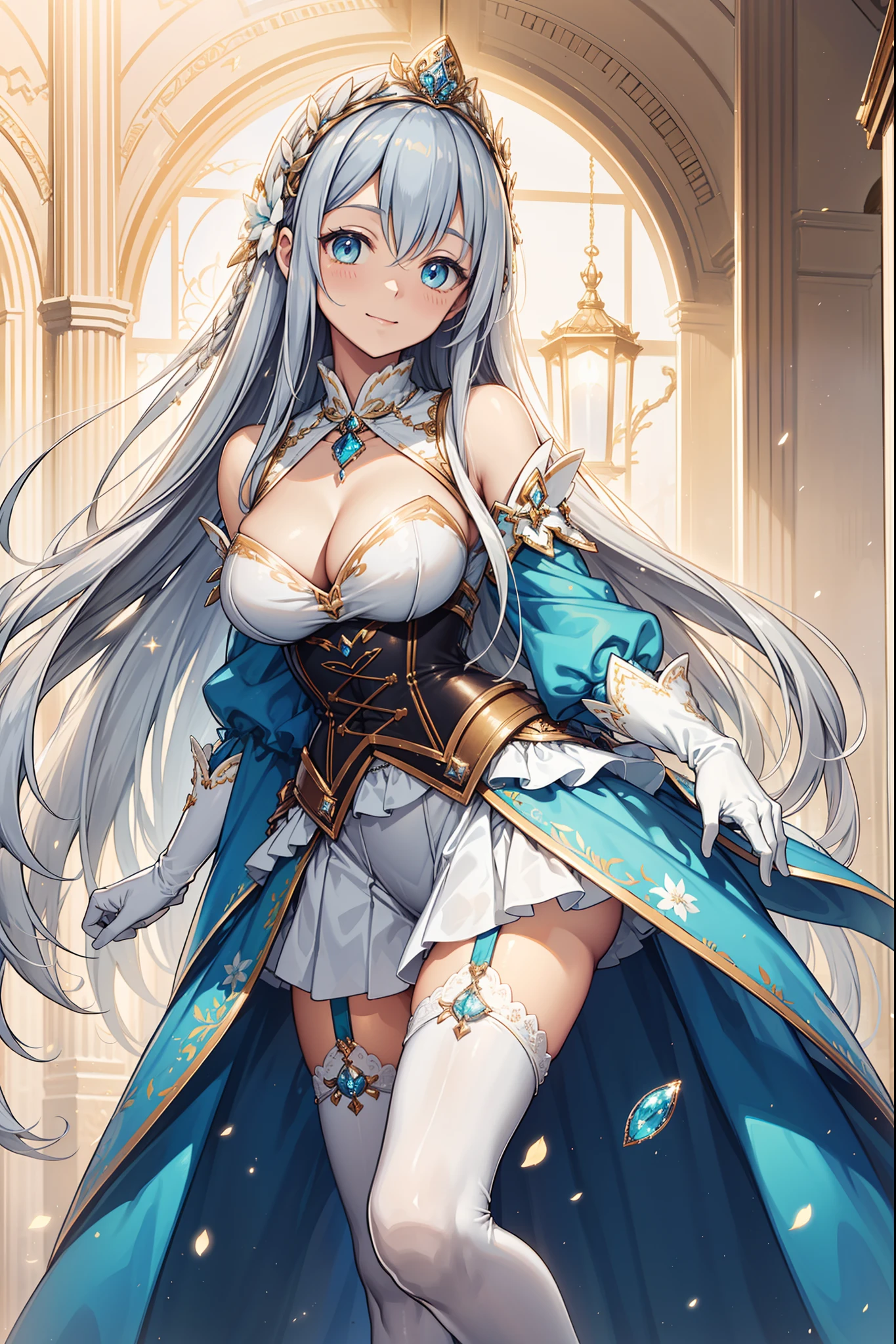 saints,divino,having fun,salvador,(Pure white corset:1.2),(Ocean blue skirt:1.1),White thigh socks,Blue pattern,(Silvery hair:1.2),eBlue eyes,(Headdress of the saint),(Sacred motifs),Maximalism,Ruffles,Lace,Multi-colored cloth,Delicate embroidery,Delicate pattern,(exquisite costumes),White gloves,see-through transparent clothes,Bedrooms,glittery,Shine,the night,solo person,Fluttering skirt,Beautiful detailed face,