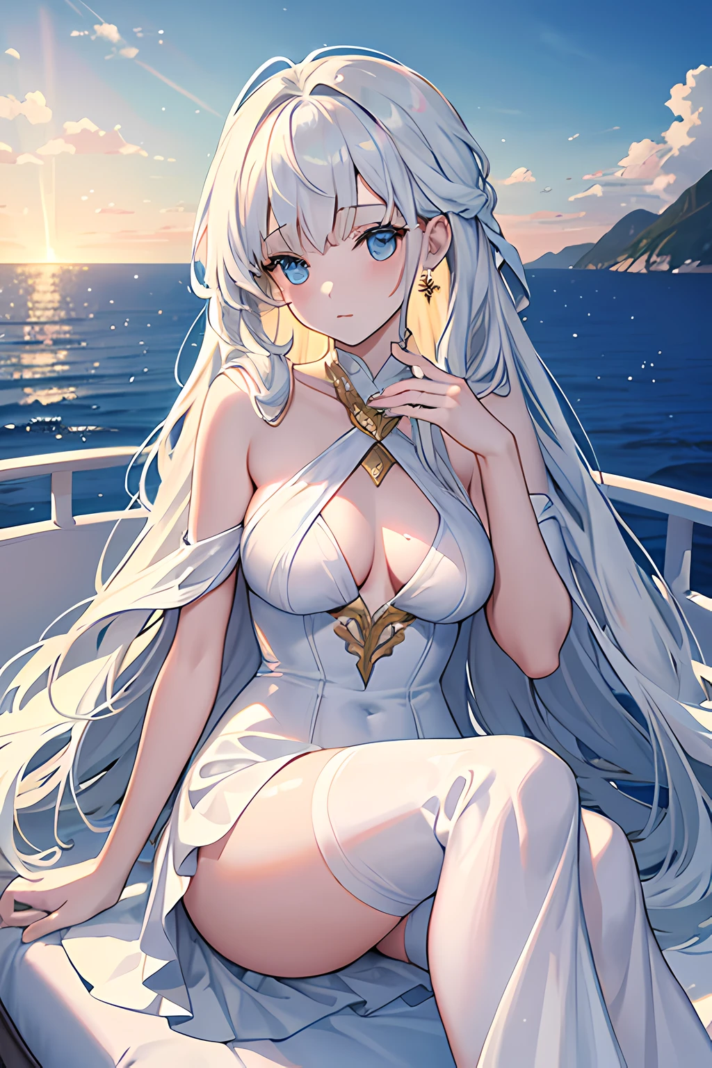 Create a digital portrait of a girl with thick white hair, situated atop a luxurious yacht, gazing out at the breathtaking sea. Capture the serenity of the moment with a warm, golden sunlight bathing the scene. The artwork should have a dreamy, almost ethereal quality, blending realistic features with a touch of magic. Use soft pastel colors with pops of vibrant blues and gold to bring out the beauty of the setting. Ensure the digital painting is of the highest quality, with exceptional attention to detail, and make it lifelike.
