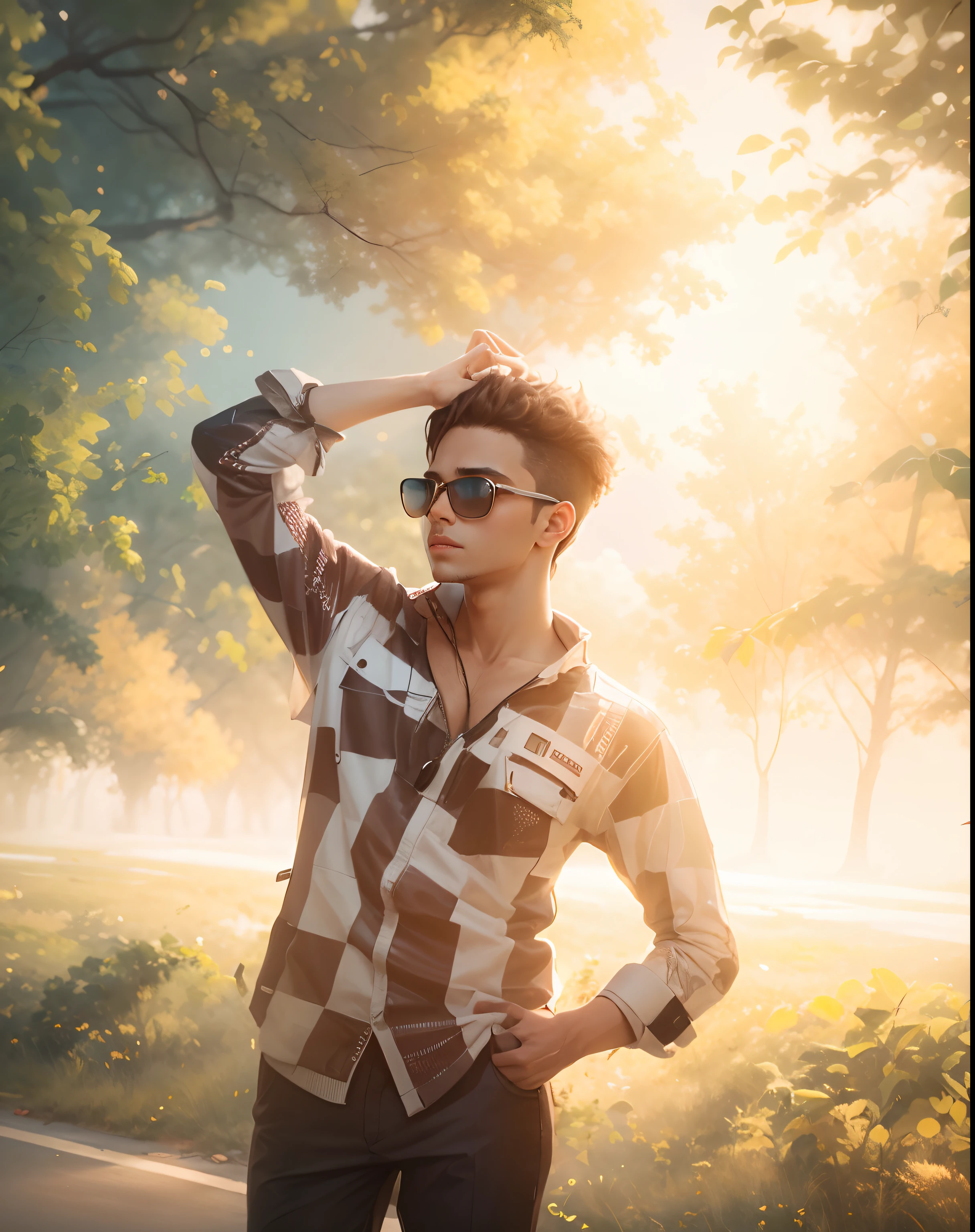 Boy with a beautiful girl futuristic background realistic face