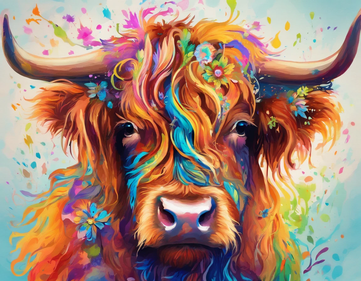 Highland cattle,On his head he wears daisy flowers and plants,up front view,Highland bullhead,bust,water color art,plethora of colors
