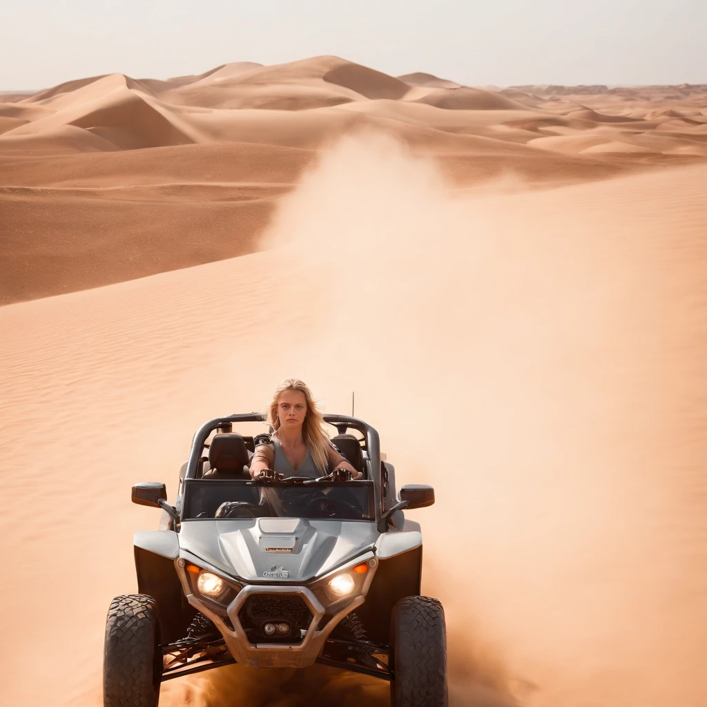 Crazy Max style photo of young woman, Blonde braids, mecha armor, Drive a dune buggy, Desert beach, dust cloud, Abstract beauty, near-perfect, Pure form, intricately details, mushroom cloud, Winner of the Cinematography of the Year, the world on fire, Military photography of post-apocalyptic hellish landscapes, Photography epic of the year, Flames on the horizon, epic cinematic shot, Pure form, intricately details, 8K post-production, high resolution, Super detail, trending on artstationh, Sharp focus, Studio photos, intricately details, Very detailed, by Greg Rutkowski, 8