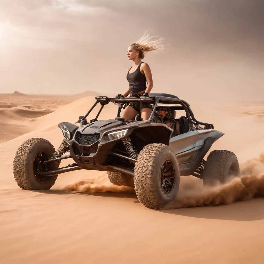 Crazy Max style photo of young woman, Blonde braids, mecha armor, Drive a dune buggy, Desert beach, dust cloud, Abstract beauty, near-perfect, Pure form, intricately details, mushroom cloud, Winner of the Cinematography of the Year, the world on fire, Military photography of post-apocalyptic hellish landscapes, Photography epic of the year, Flames on the horizon, epic cinematic shot, Pure form, intricately details, 8K post-production, high resolution, Super detail, trending on artstationh, Sharp focus, Studio photos, intricately details, Very detailed, by Greg Rutkowski, 8