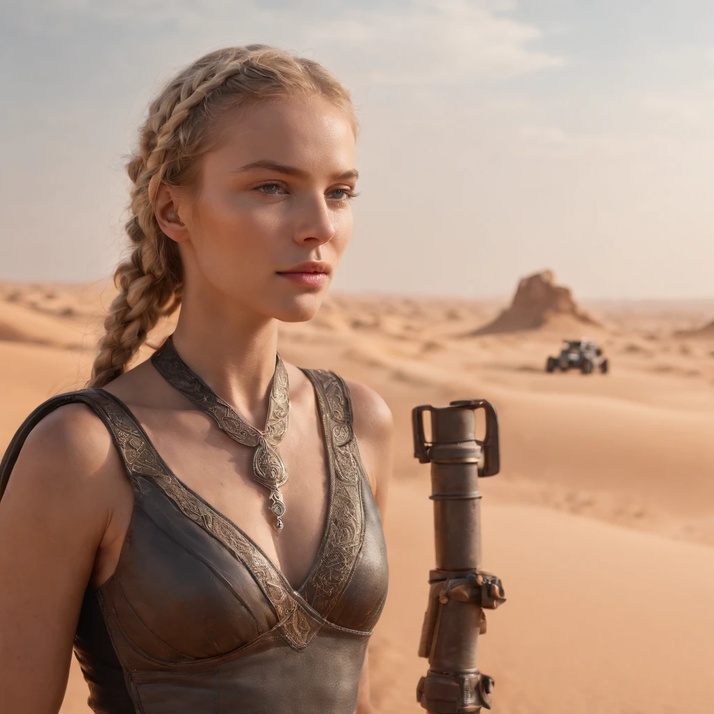 Crazy Max style photo of young woman, Blonde braids, mecha armor, Drive a dune buggy, Desert beach, dust cloud, Abstract beauty, near-perfect, Pure form, intricately details, mushroom cloud, Winner of the Cinematography of the Year, the world on fire, Military photography of post-apocalyptic hellish landscapes, Photography epic of the year, Flames on the horizon, epic cinematic shot, Pure form, intricately details, 8K post-production, high resolution, Super detail, trending on artstationh, Sharp focus, Studio photos, intricately details, Very detailed, by Greg Rutkowski, 8