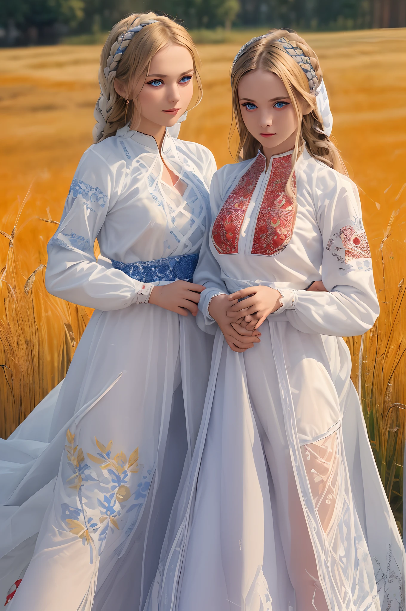 professional photo of of two girls, Embroidery pattern,ailk lace,see-through,reveal translucent costume, russia, red blue yellow, intricate, detailed, detailed skin, detailed eyes, photo made with Canon EOS, volumetric light, wheat field, popular on artstation, popular on deviantart, popular on flicker,