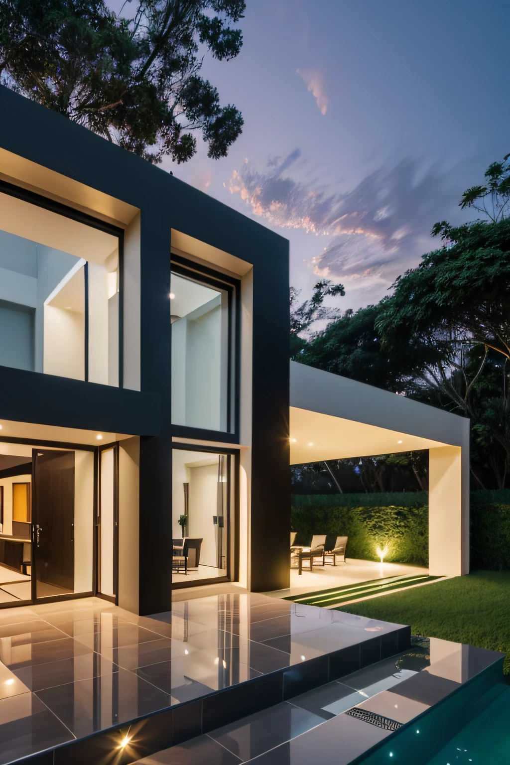 Amazing 3d façade, casa tipo sobrado com 2 pavimentos, vista frontal, Tempo com chuva, Final da tarde, Casa moderna, Glass panels, Amazing landscaping