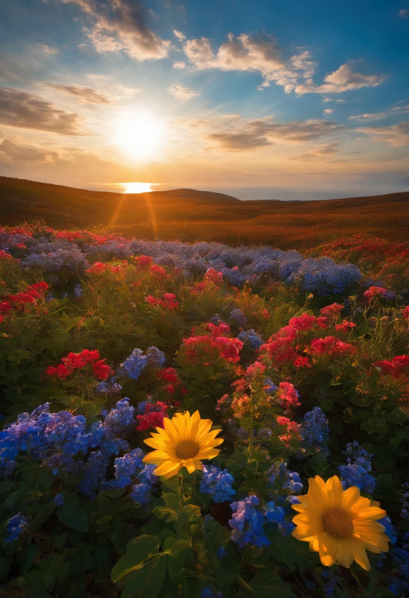 Lonely flowers and blue sky,Clouds and the sun rise