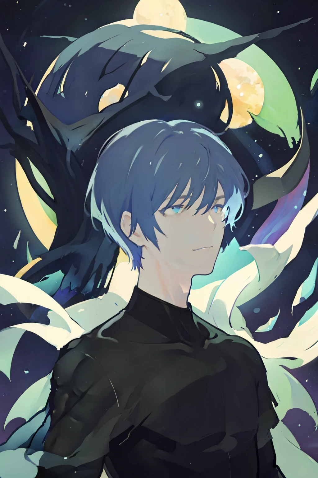 masterpiece, best quality, 1 male, adult, mature, tall muscular guy, Dark theme, Magic circle, bubble, rainbow Sunlight, Underwater, Reflected mirror, floating piece of Glass, Rainbow light, Bubble Swirling, wind Swirling, Aurora, fantasy scenery, Starlight around the character, (upper body), wolf haircut, short hair, black-grey hair, correct eyes, realistic eyes
