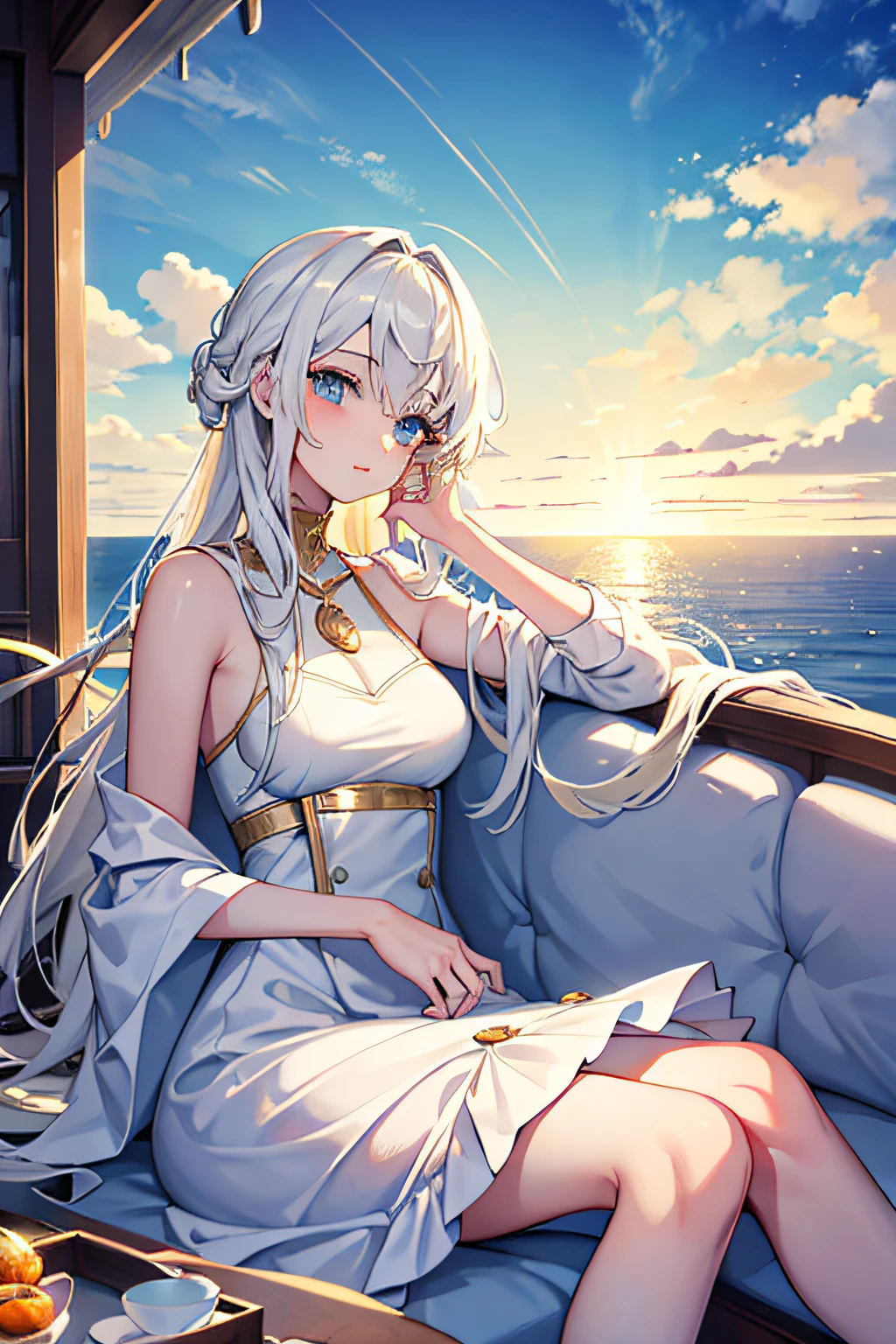 Create a digital portrait of a girl with thick white hair, situated atop a luxurious yacht, gazing out at the breathtaking sea. Capture the serenity of the moment with a warm, golden sunlight bathing the scene. The artwork should have a dreamy, almost ethereal quality, blending realistic features with a touch of magic. Use soft pastel colors with pops of vibrant blues and gold to bring out the beauty of the setting. Ensure the digital painting is of the highest quality, with exceptional attention to detail, and make it lifelike.