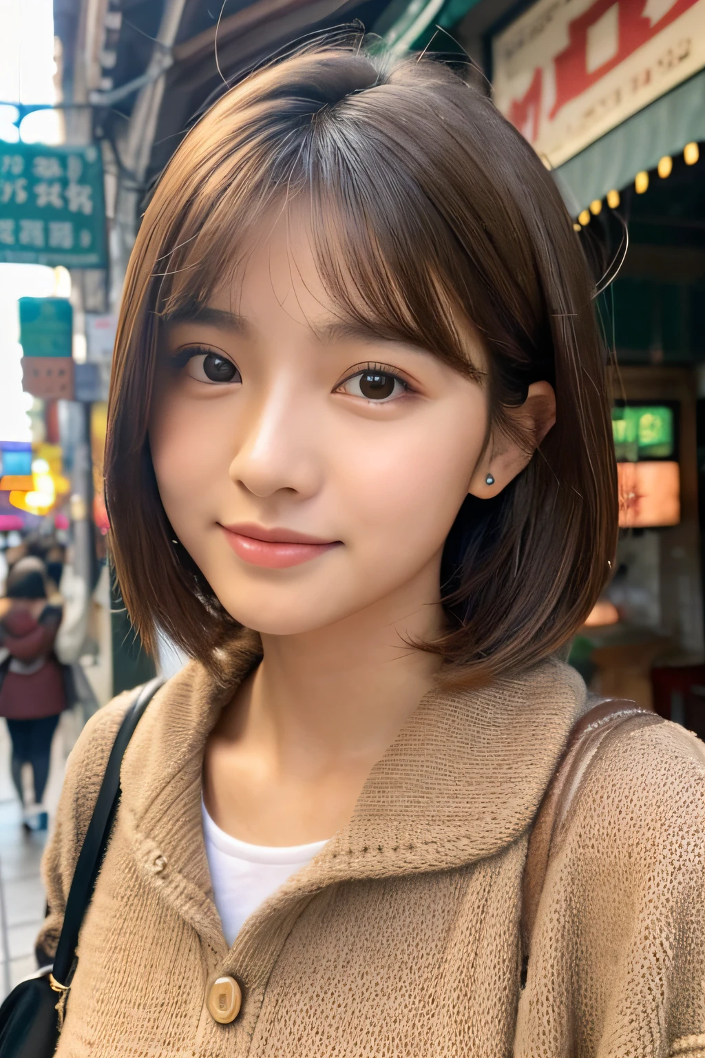 top-quality、ultra-detailliert、masterpiece、realisitic、Photo Real、one girls、(Cute 17 year old girl、small head)、(kawaii:1.2)、smil、(Brown hair、Short bob hair)、eyes are brown、perfect glossy skin、Double eyelids、with round face、((A slender))、((Perfect body))、accurate depiction、Red cheongsam、Chinatown、Blur the background