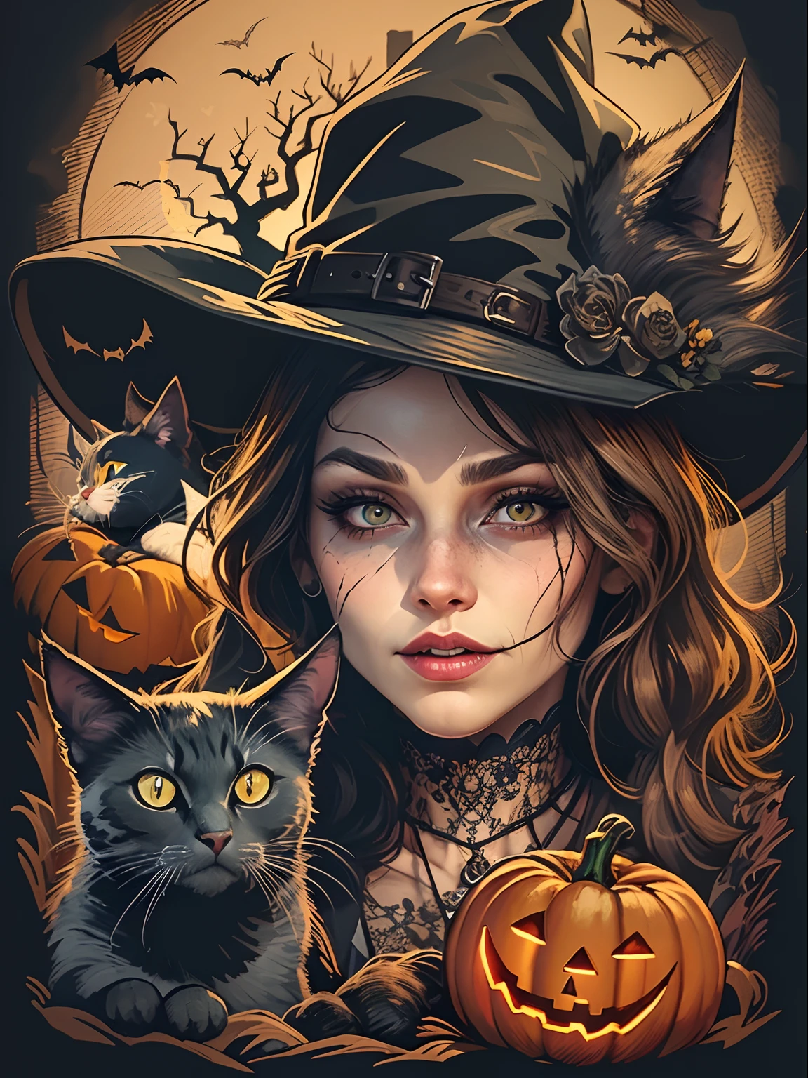 High quality vector style image design, Printed T-shirt, White background graphic art of witch Halloween style, Vivid and realistic colors, Old style witch with pointed hat, A nose with warts and a black cat next to her., Fantasy Halloween Scenery Style