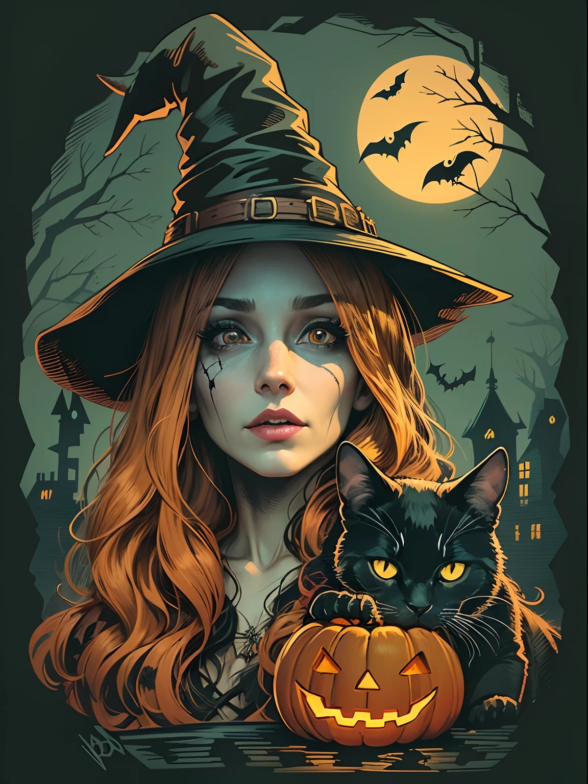 High quality vector style image design, Printed T-shirt, White background graphic art of witch Halloween style, Vivid and realistic colors, Old style witch with pointed hat, A nose with warts and a black cat next to her., Fantasy Halloween Scenery Style