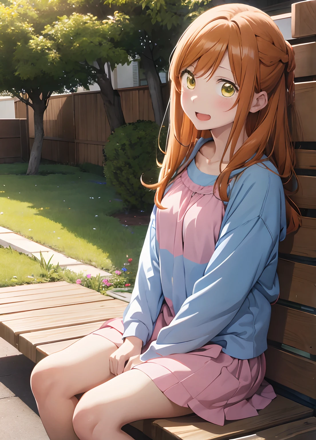 ​masterpiece, top-quality, Akane Kinoshita, 1girl in, Blue shirt, pink  dress, college girls, happiness, Opening Mouth, upper teeth, Bare legged, sitting in a bench, from side, orange color hair，