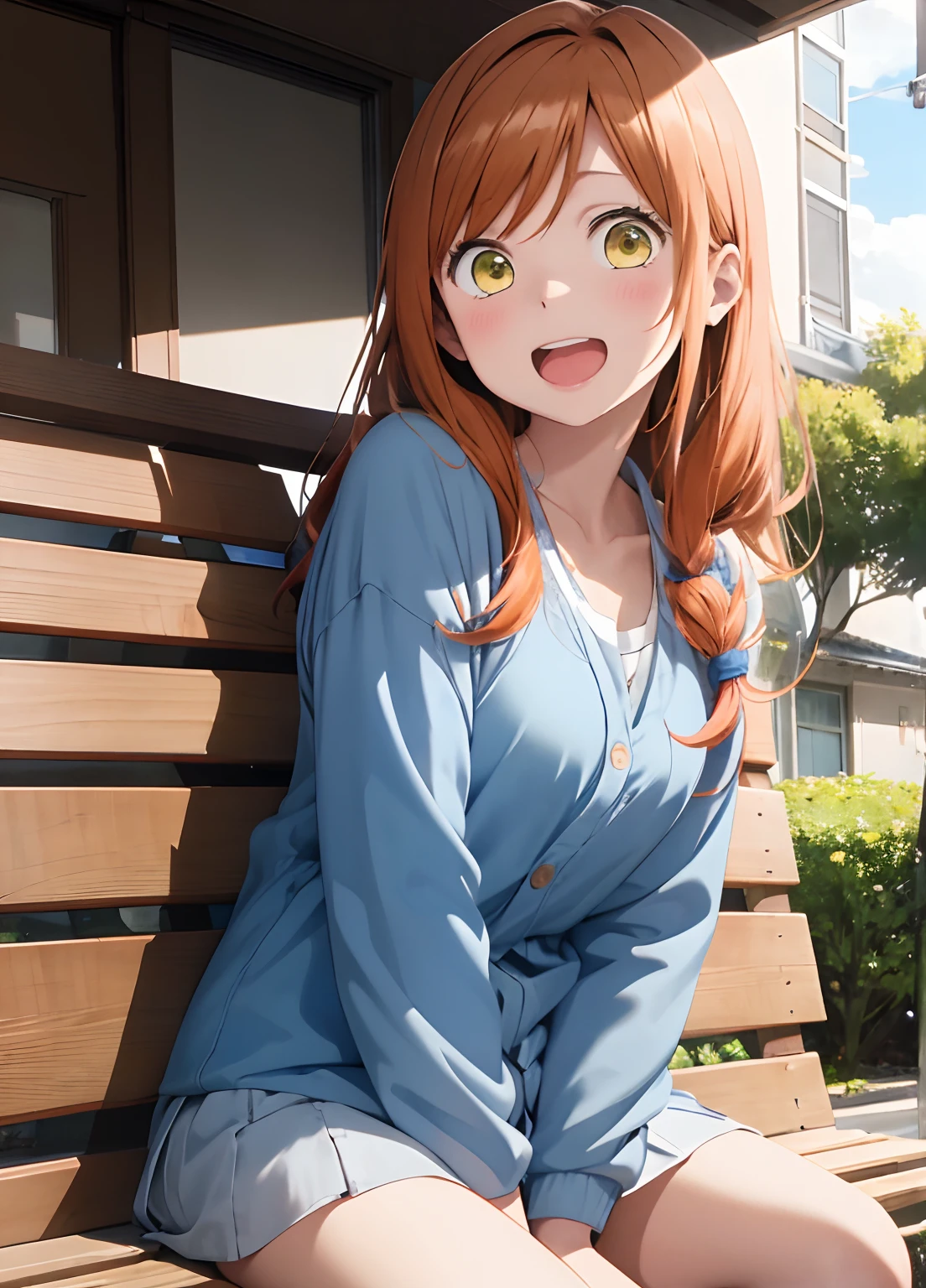 ​masterpiece, top-quality, Akane Kinoshita, 1girl in, Blue shirt, pink  dress, college girls, happiness, Opening Mouth, upper teeth, Bare legged, sitting in a bench, from side, orange color hair，