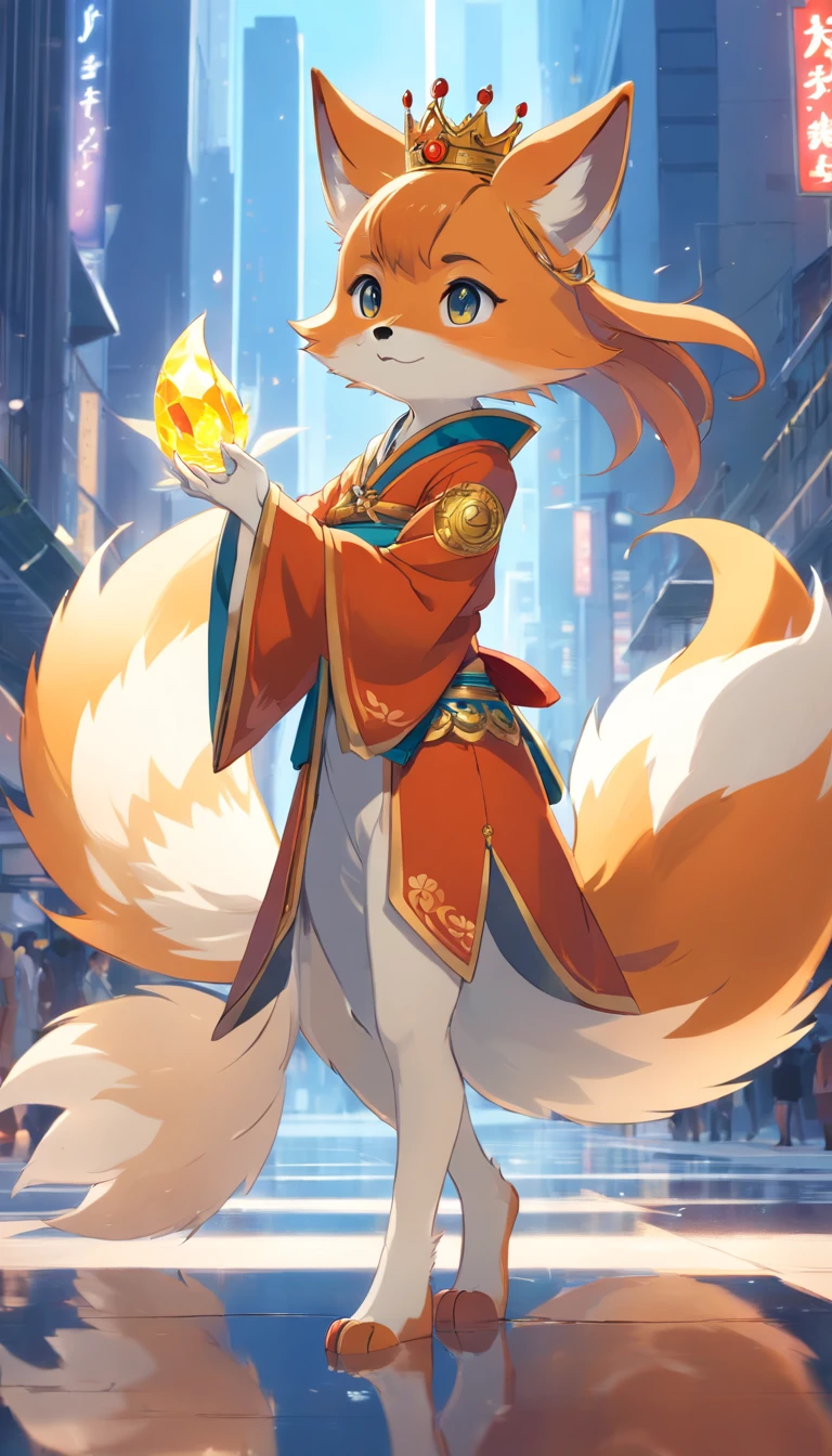 Chinese style super cute anthropomorphic nine-tailed fox, Dai Han costume and crystal crown, standing, Charming big eyes, Cute tail, standing, Surreal, Super fine, Luxurious, Graceful standing, Charming big eyes, Cute tail, standing, Surreal, Super detailed, Luxurious, elegant, complex, Gorgeous, illusory engine, Octane rendering, 8K, Frey surrealism