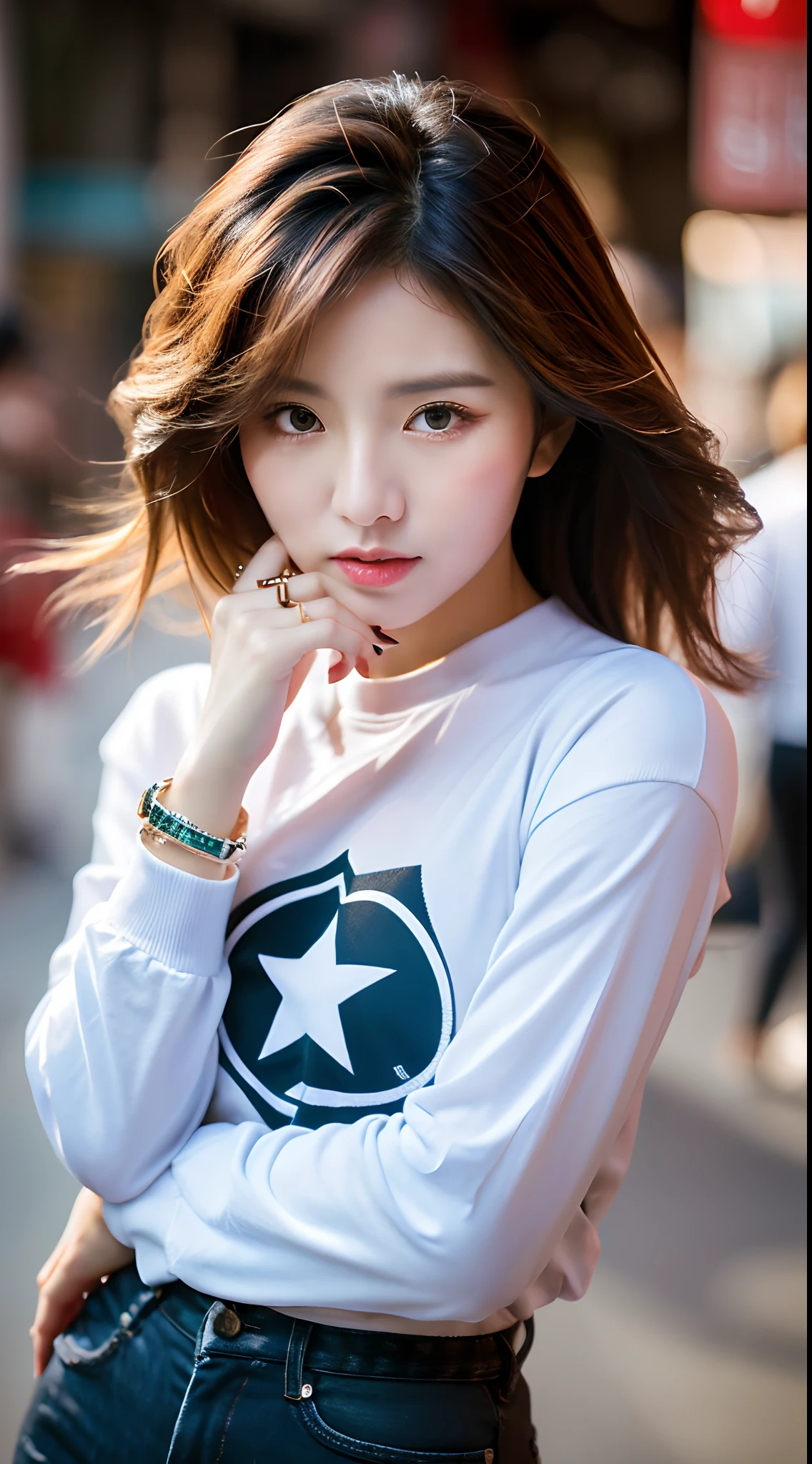 Realistic photos of (1 cute Korean star) single hair ring, thin makeup, 32 inch breasts size,wearing long sleeves shirt, pants, standing in the China town, close-up portrait, UHD