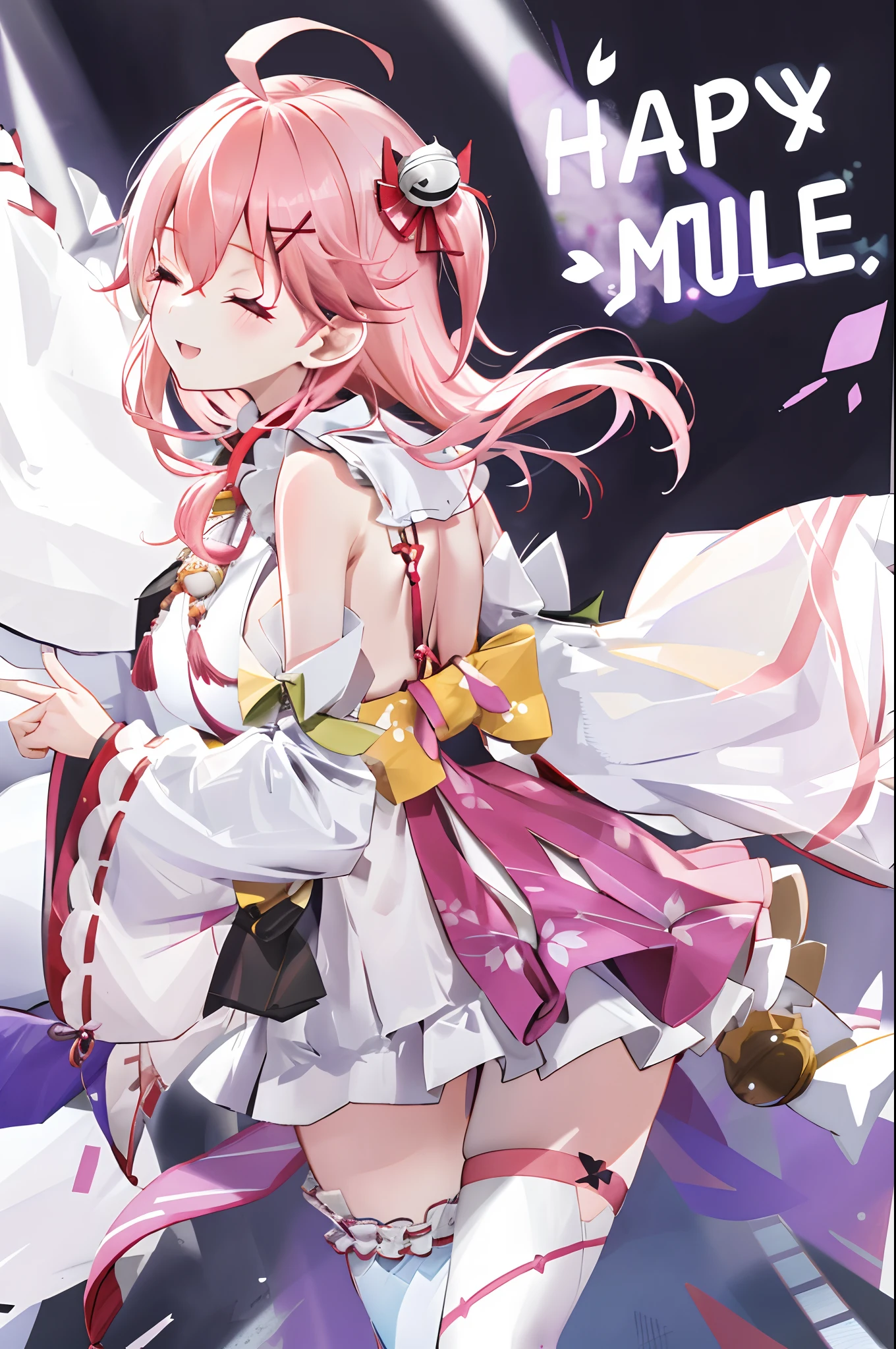 masterpiece, best quality, highres, miko1, sakura_miko, 1girl, big_boobs, solo, ahoge, x_hair_ornament, pink_hair, floral print, hairclip,(side_less_clothes:1.5), (side_boobs:1.5), hair_bell, floral print, long_hair, hair between eyes, one side up, white thighhighs, asymmetrical legwear, wide sleeves, open_mouth,(happy:1.3),close_eyes,big_smile,rising_leg,plump,apart_legs,(overly_long_sleeves:1.3),(beautiful_fingers),sleeves_past_wrists,hands_hidden_sleeves,sidelock_clothes,dynamic_posing,solo,hidden_wrists,(XD:1.4),