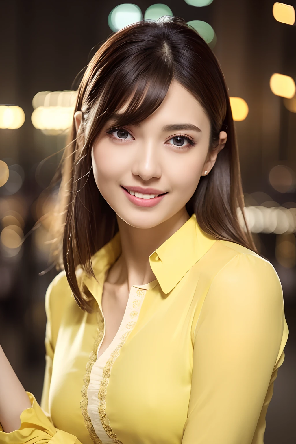 1girl in,(Wearing a pastel yellow long-sleeved blouse:1.2),(Raw photo, Best Quality), (Realistic, Photorealsitic:1.4), masutepiece, extremely delicate and beautiful, Extremely detailed, 2k wallpaper, amazing, finely detail, the Extremely Detailed CG Unity 8K Wallpapers, Ultra-detailed, hight resolution, Soft light, Beautiful detailed girl, extremely detailed eye and face, beautiful detailed nose, Beautiful detailed eyes,Cinematic lighting,(city light at night),Perfect Anatomy,Slender body,(Smiling),