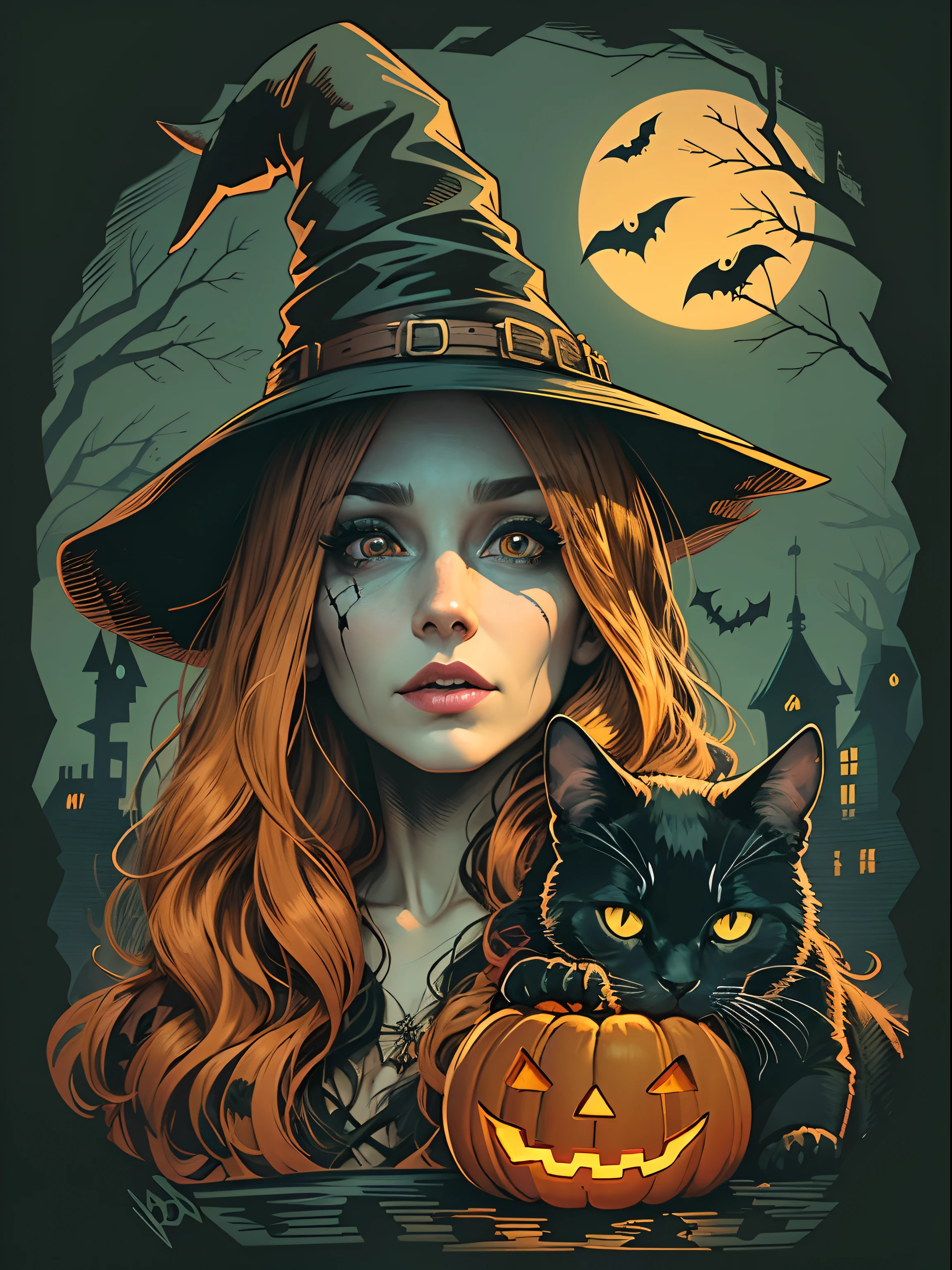 High quality vector style image design, Printed T-shirt, White background graphic art of witch Halloween style, Vivid and realistic colors, Old style witch with pointed hat, A nose with warts and a black cat next to her., Fantasy Halloween Scenery Style